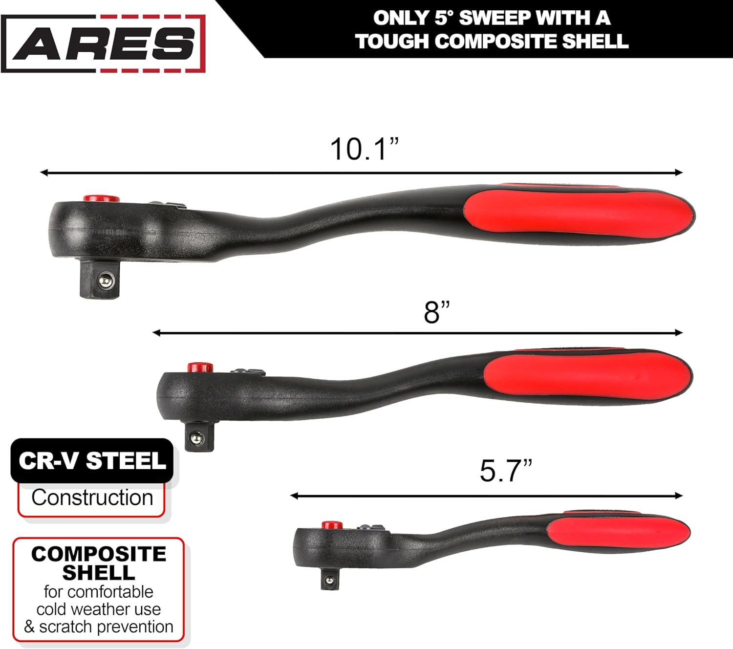 3-Piece ARES 42033 Ratchet Set with 72-Tooth Composite Design and Chrome Vanadium Steel Construction