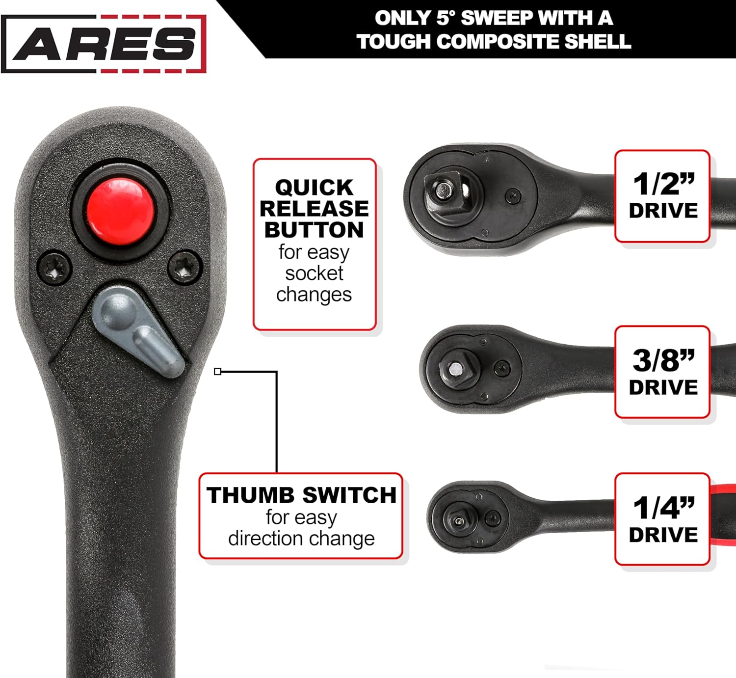 3-Piece ARES 42033 Ratchet Set with 72-Tooth Composite Design and Chrome Vanadium Steel Construction