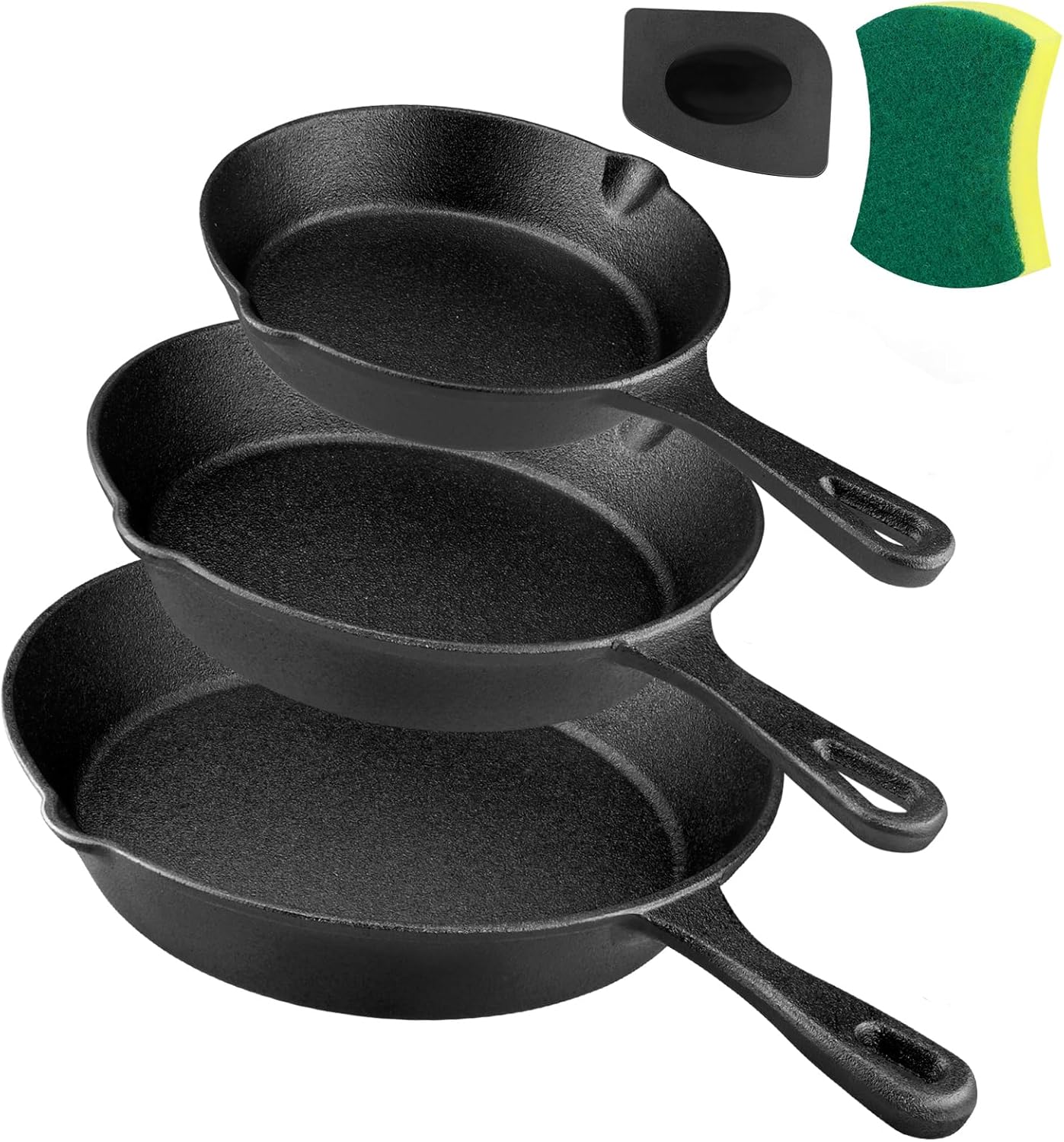 3-Piece Cast Iron Skillet Set with Scraper and Sponge - 6", 8", and 10" Pans for Oven, Grill, and Stovetop Cooking