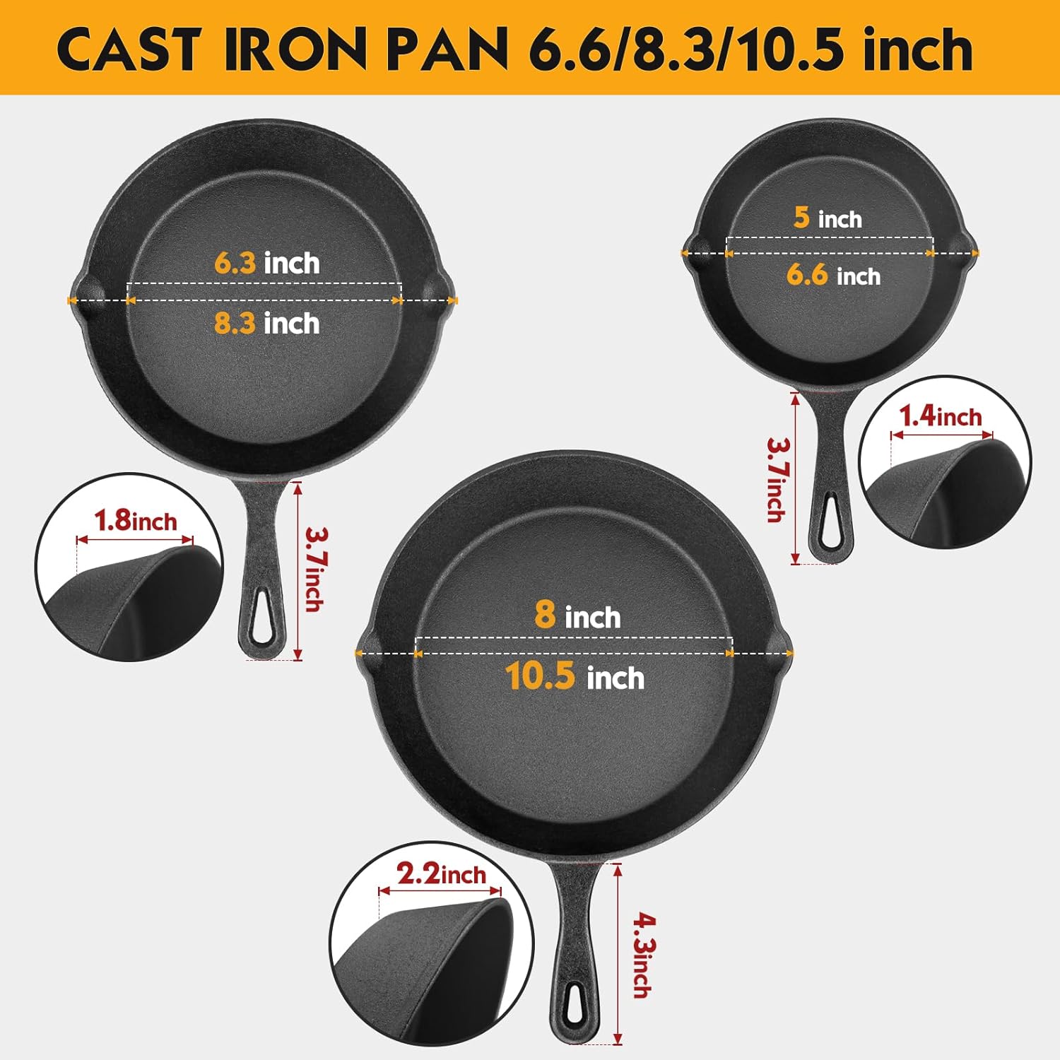 3-Piece Cast Iron Skillet Set with Scraper and Sponge - 6", 8", and 10" Pans for Oven, Grill, and Stovetop Cooking