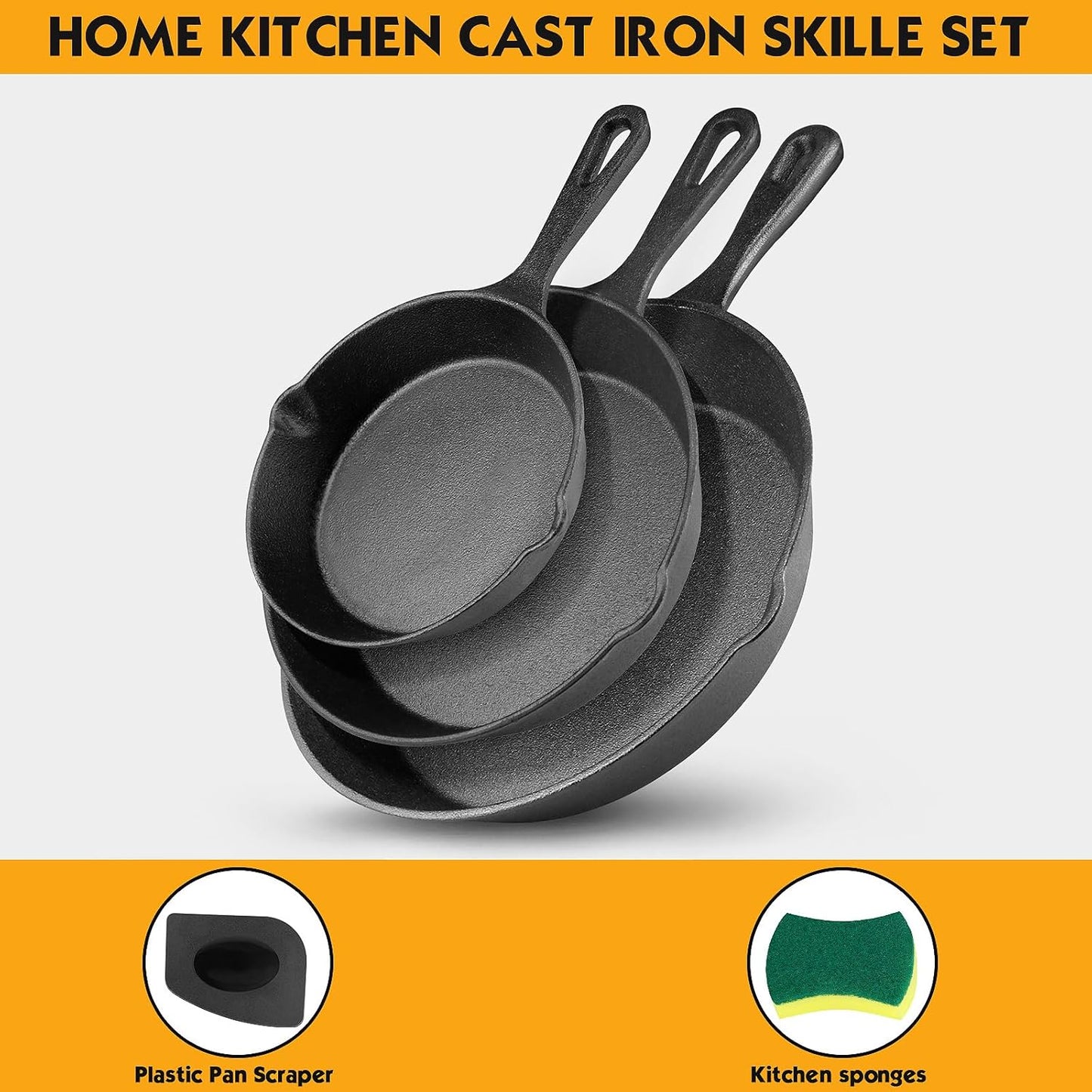 3-Piece Cast Iron Skillet Set with Scraper and Sponge - 6", 8", and 10" Pans for Oven, Grill, and Stovetop Cooking