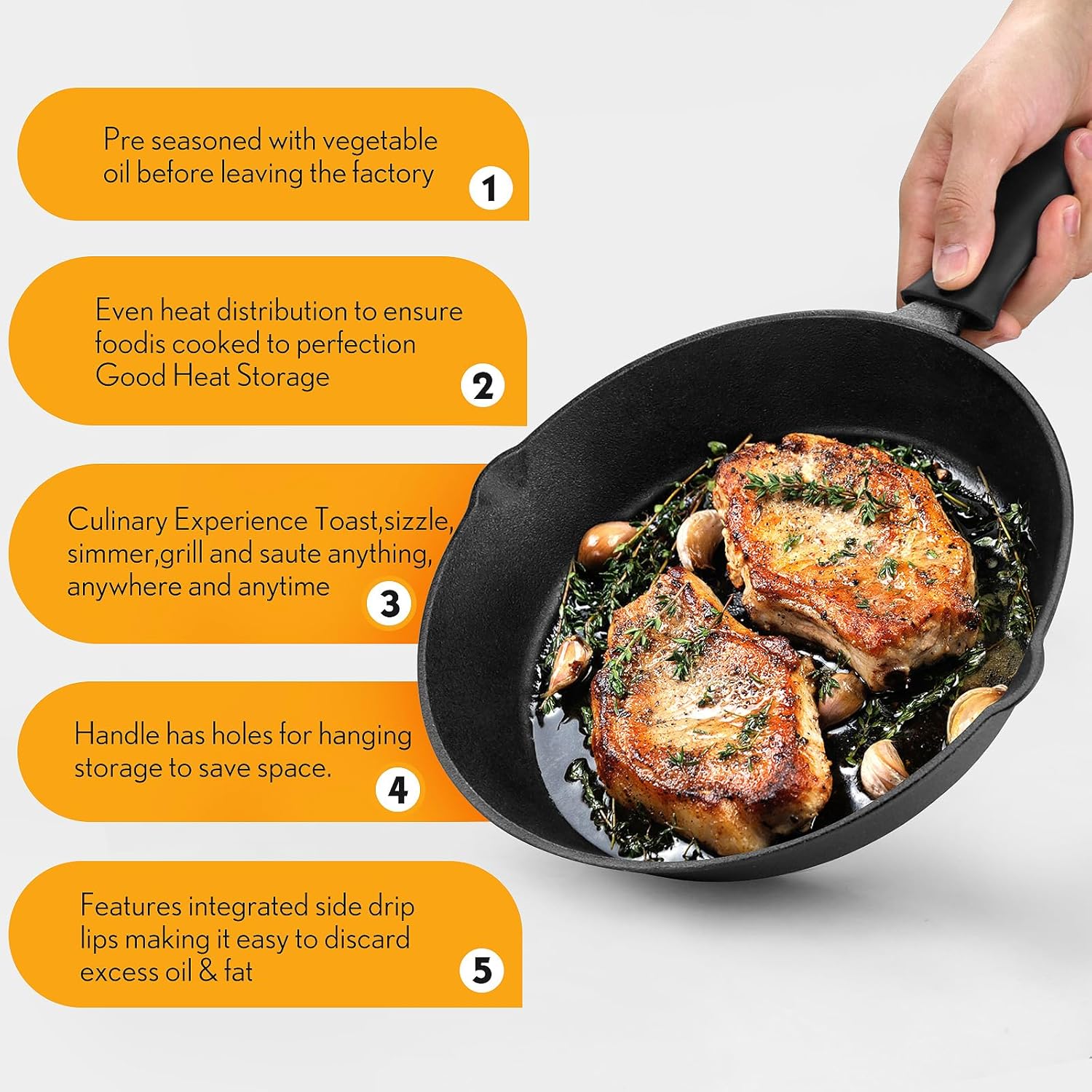 3-Piece Cast Iron Skillet Set with Scraper and Sponge - 6", 8", and 10" Pans for Oven, Grill, and Stovetop Cooking