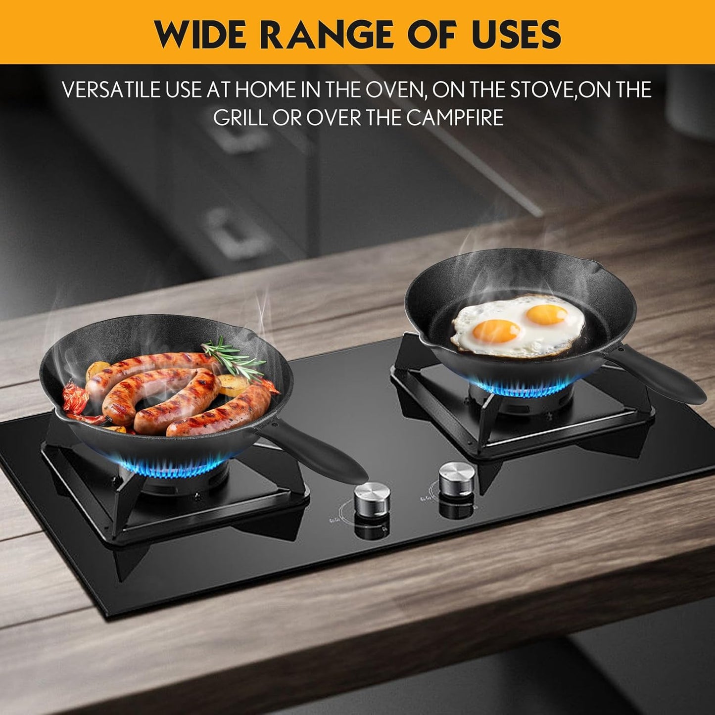 3-Piece Cast Iron Skillet Set with Scraper and Sponge - 6", 8", and 10" Pans for Oven, Grill, and Stovetop Cooking