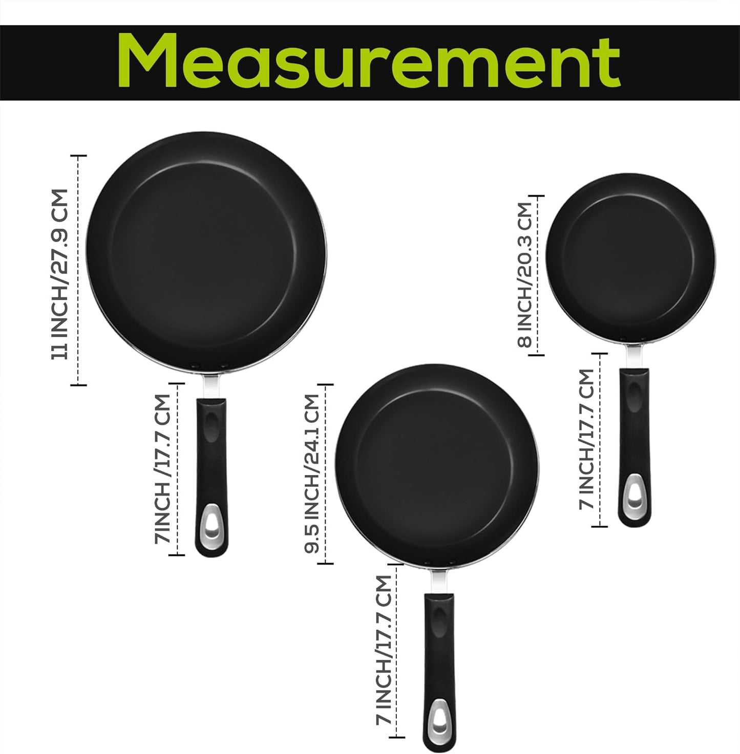 3-Piece Non-Stick Frying Pan Set with Induction Bottom - PFOA Free, Dishwasher Safe - Includes 8, 9.5, and 11 Inch Grey Pans
