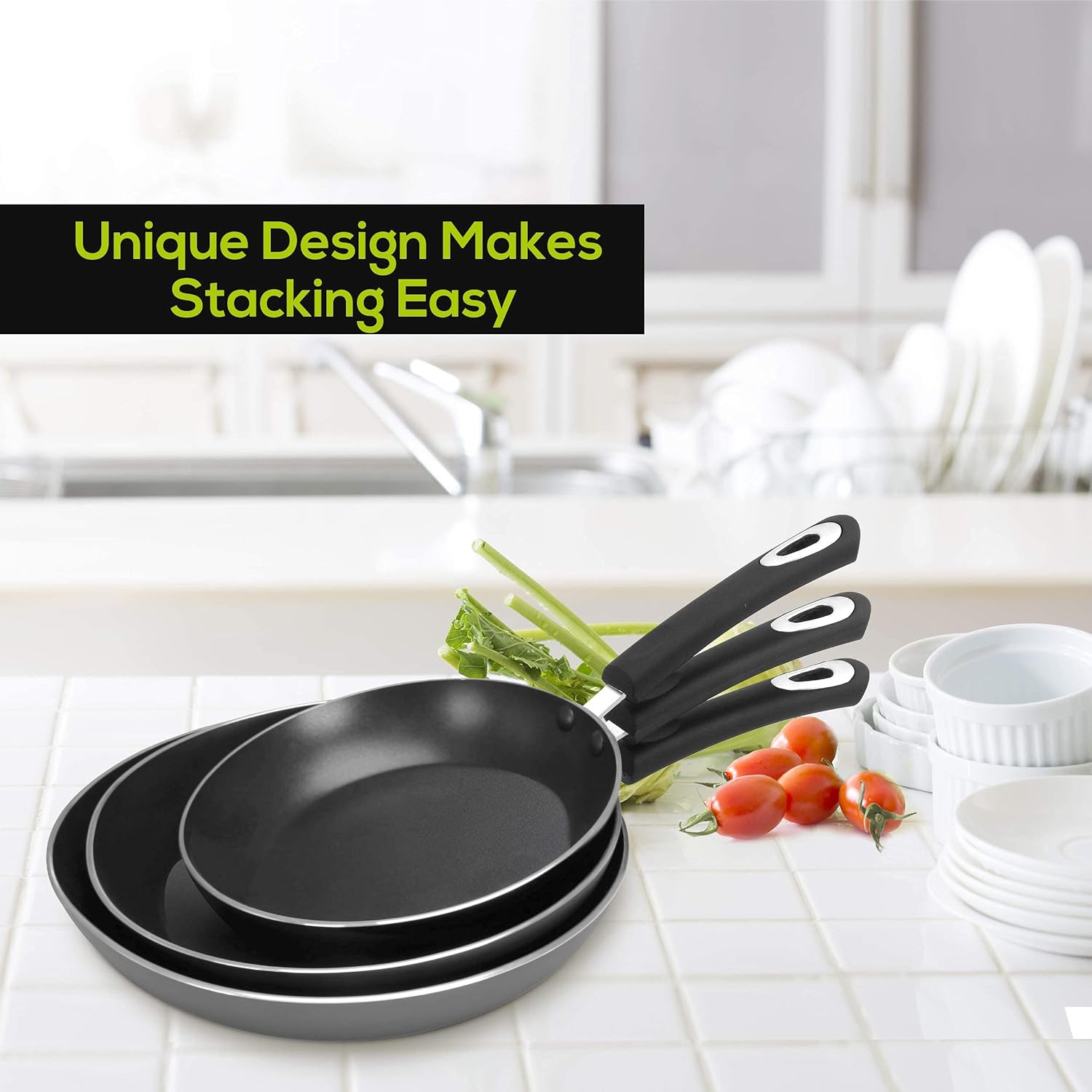 3-Piece Non-Stick Frying Pan Set with Induction Bottom - PFOA Free, Dishwasher Safe - Includes 8, 9.5, and 11 Inch Grey Pans