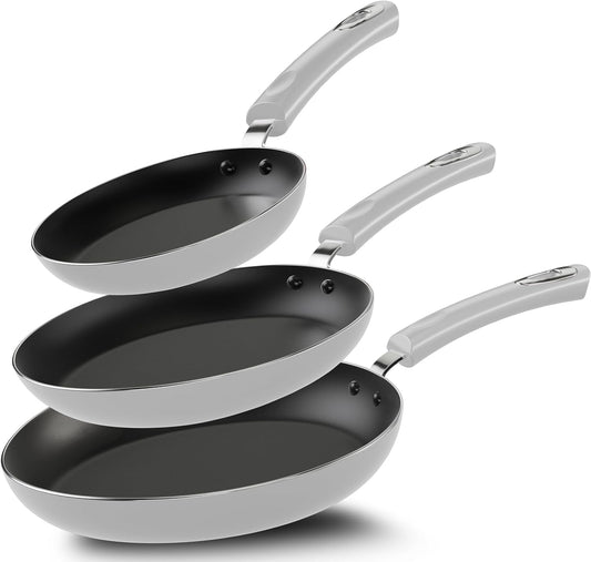 3-Piece Nonstick Frying Pan Set with Induction Bottom - 8", 9.5", and 11" - Silver-Black