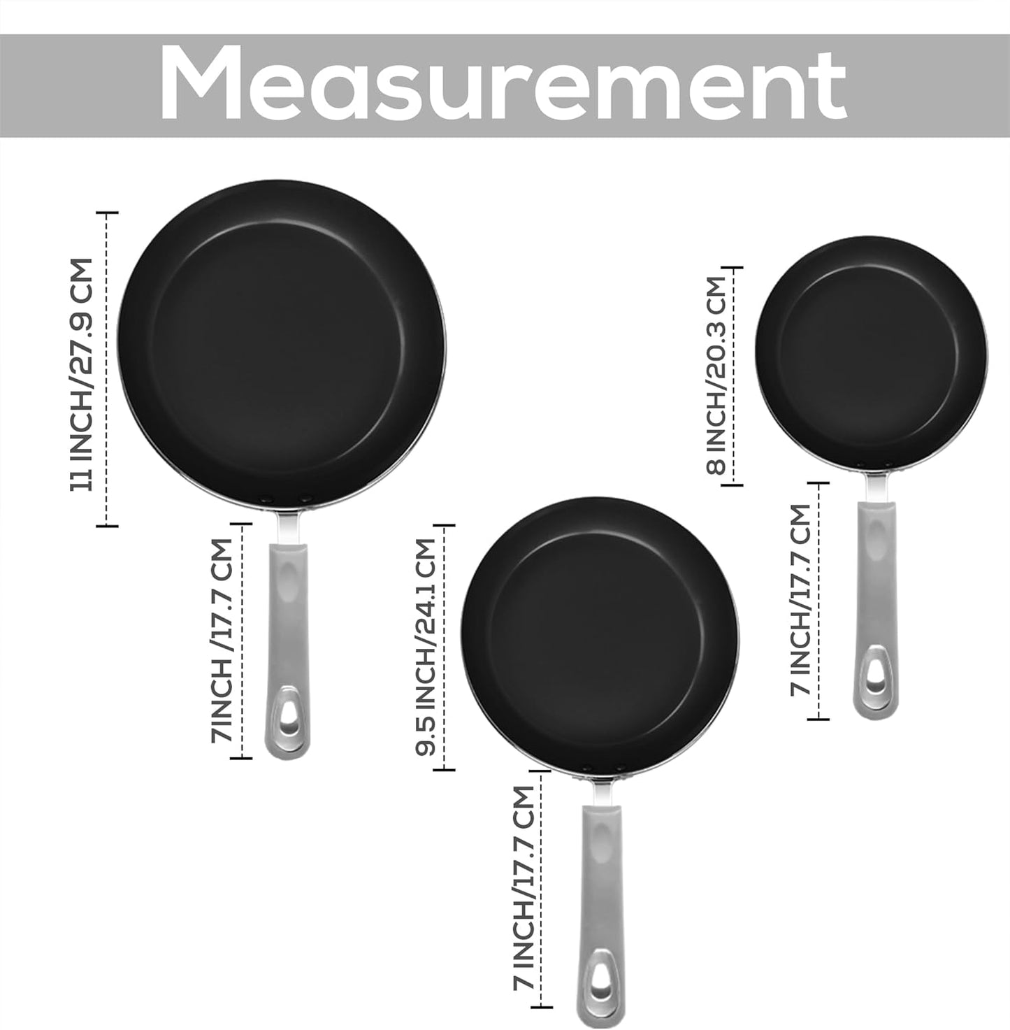 3-Piece Nonstick Frying Pan Set with Induction Bottom - 8", 9.5", and 11" - Silver-Black