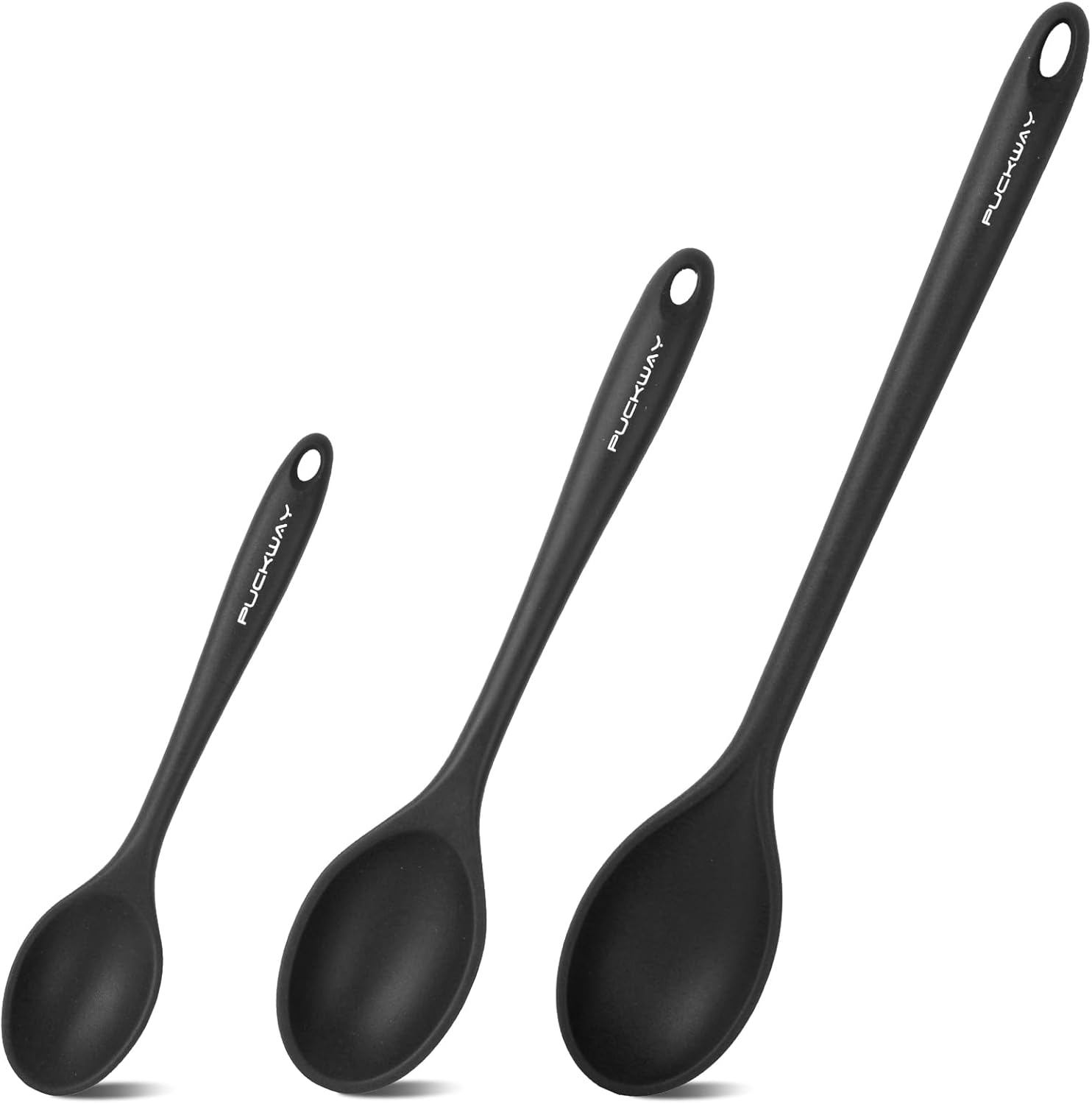 3 Piece Silicone Cooking Spoons Set - Heat Resistant Kitchen Utensils for Mixing, Stirring, and Serving - Non Stick Spoons in Various Sizes - Black