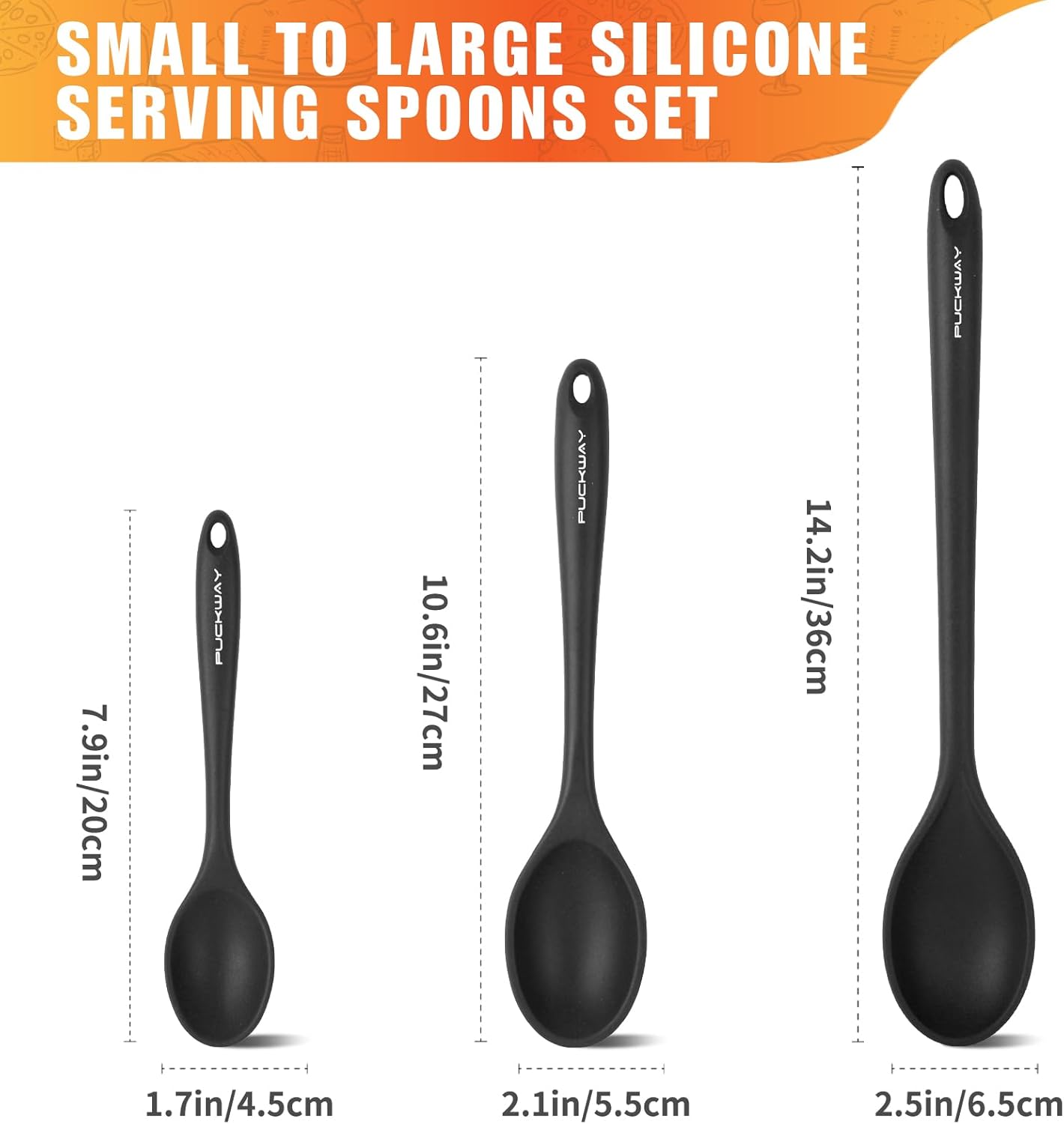 3 Piece Silicone Cooking Spoons Set - Heat Resistant Kitchen Utensils for Mixing, Stirring, and Serving - Non Stick Spoons in Various Sizes - Black