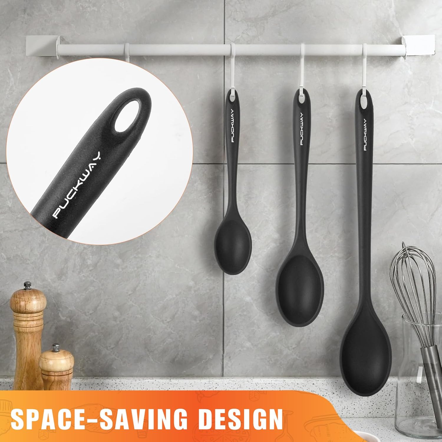 3 Piece Silicone Cooking Spoons Set - Heat Resistant Kitchen Utensils for Mixing, Stirring, and Serving - Non Stick Spoons in Various Sizes - Black