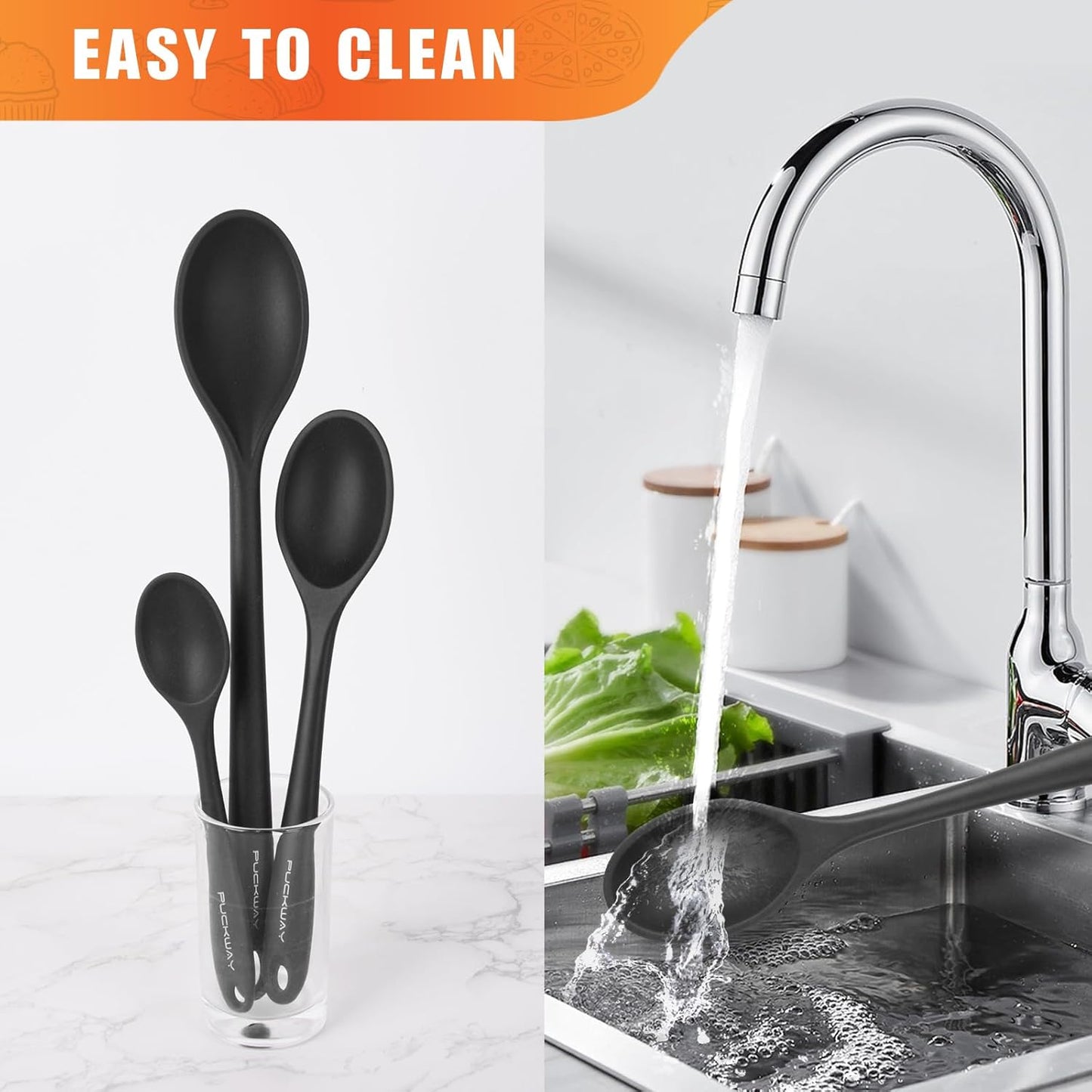 3 Piece Silicone Cooking Spoons Set - Heat Resistant Kitchen Utensils for Mixing, Stirring, and Serving - Non Stick Spoons in Various Sizes - Black