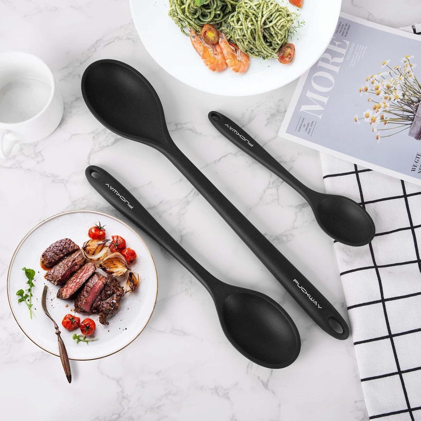 3 Piece Silicone Cooking Spoons Set - Heat Resistant Kitchen Utensils for Mixing, Stirring, and Serving - Non Stick Spoons in Various Sizes - Black