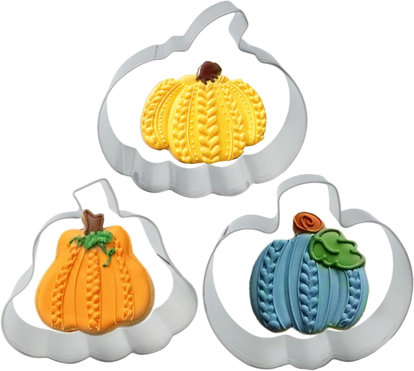 3-Piece Stainless Steel Pumpkin Cookie Cutters Set with Decorating Instructions for Halloween & Thanksgiving