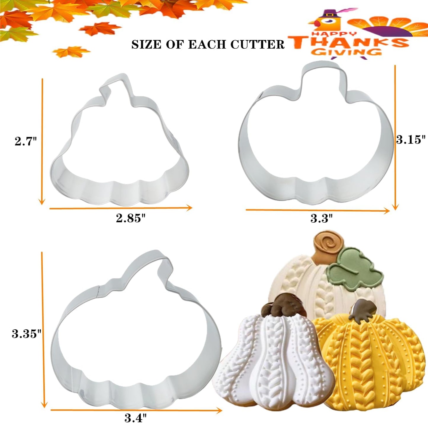 3-Piece Stainless Steel Pumpkin Cookie Cutters Set with Decorating Instructions for Halloween & Thanksgiving