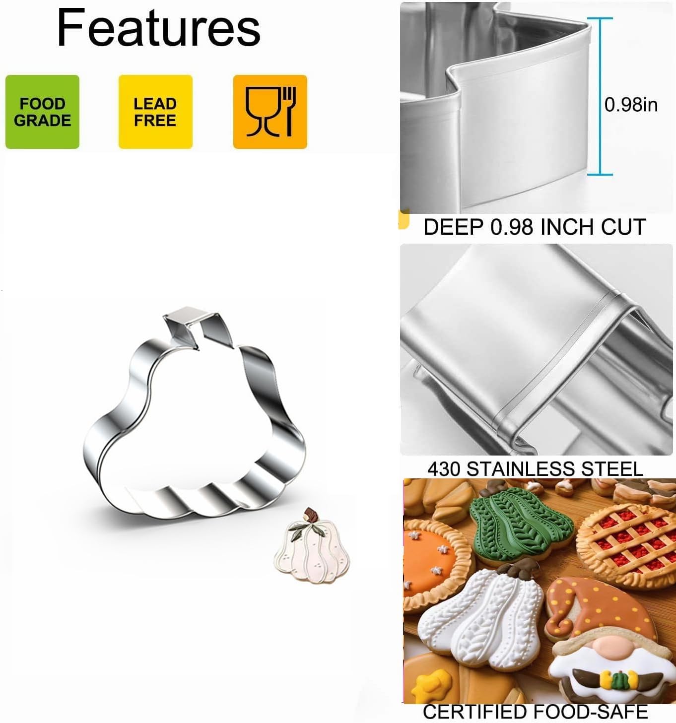 3-Piece Stainless Steel Pumpkin Cookie Cutters Set with Decorating Instructions for Halloween & Thanksgiving