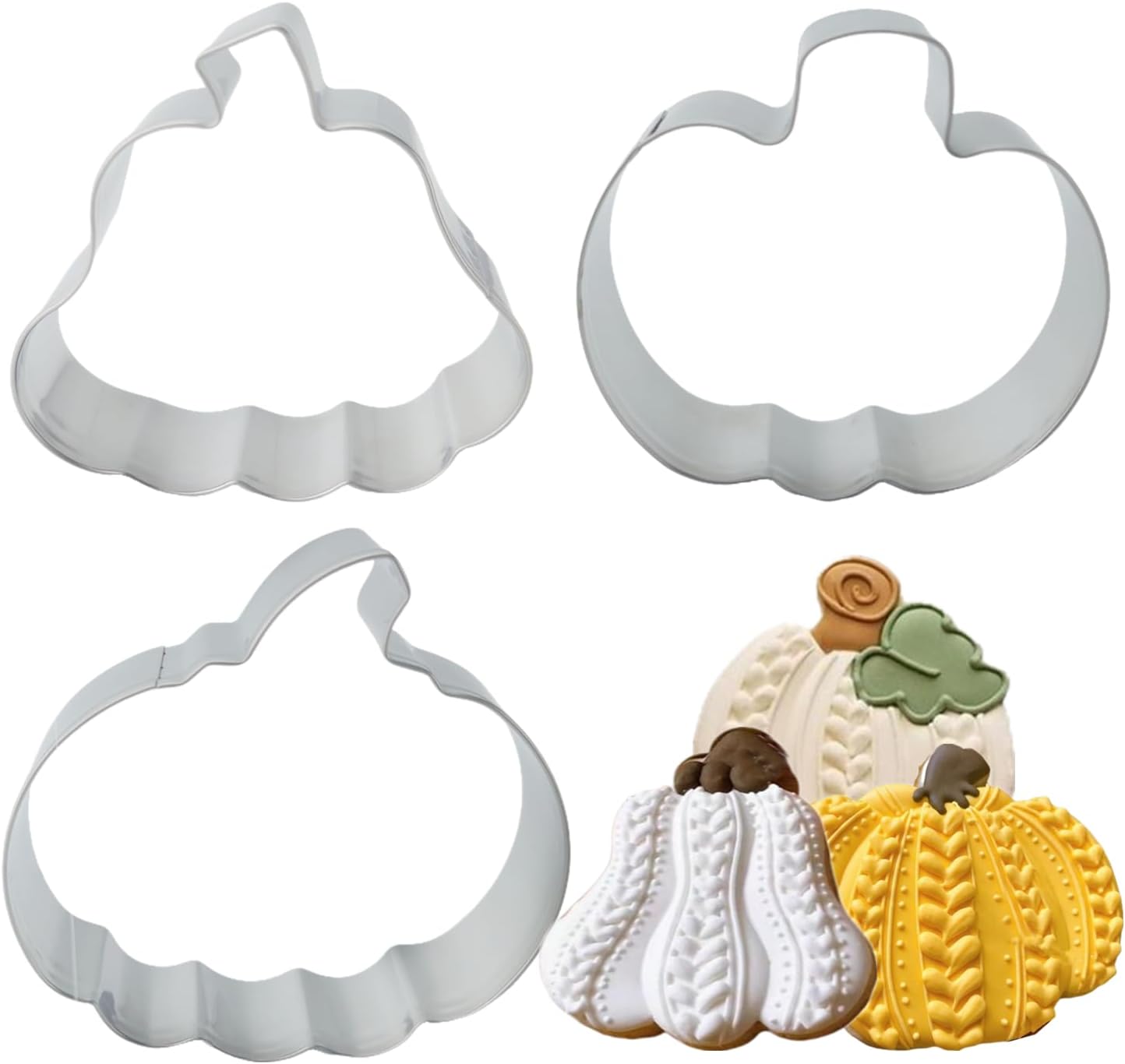 3-Piece Stainless Steel Pumpkin Cookie Cutters Set with Decorating Instructions for Halloween & Thanksgiving