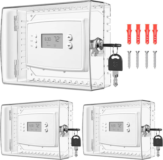 3-Piece Thermostat Lock Box Set with Key | Large Cover for Wall Thermostat | AC Control Lockbox | Fits Thermostats 4" H x 6" W or Smaller