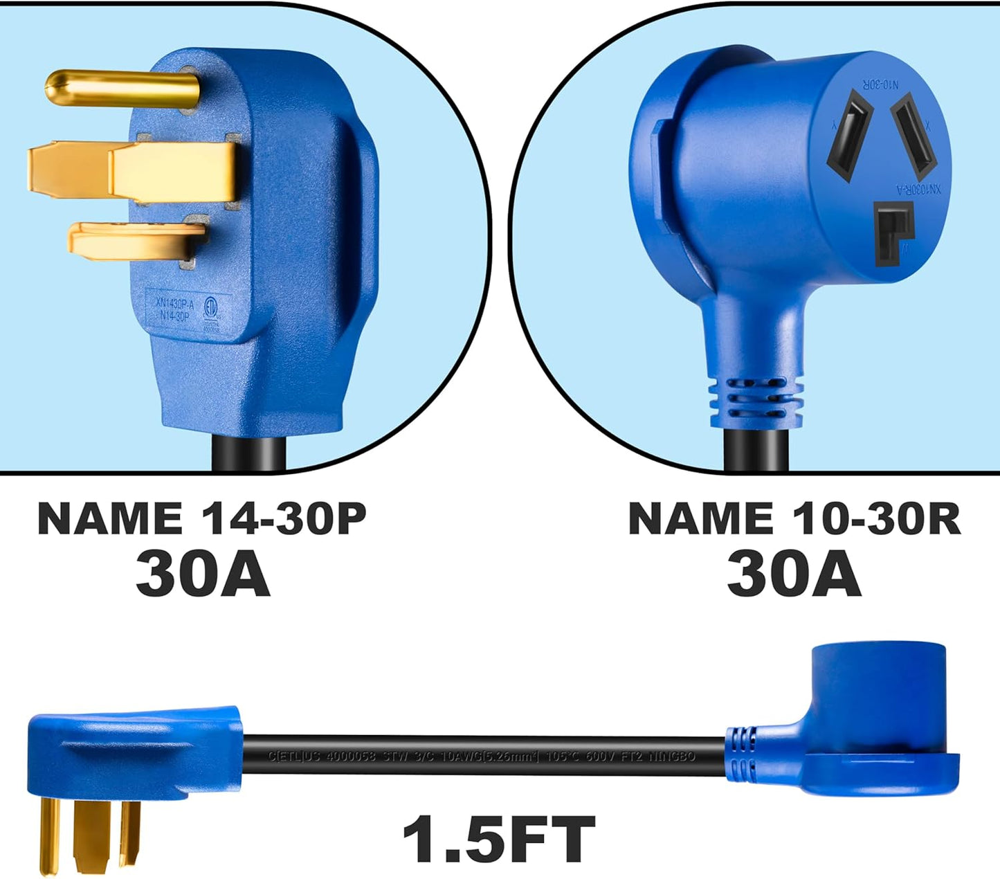 3-Prong to 4-Prong Dryer Adapter 1.5FT - NEMA 14-30P Male to 10-30R Female - 30A 250V 10AWG Adapter for Newer Dryers