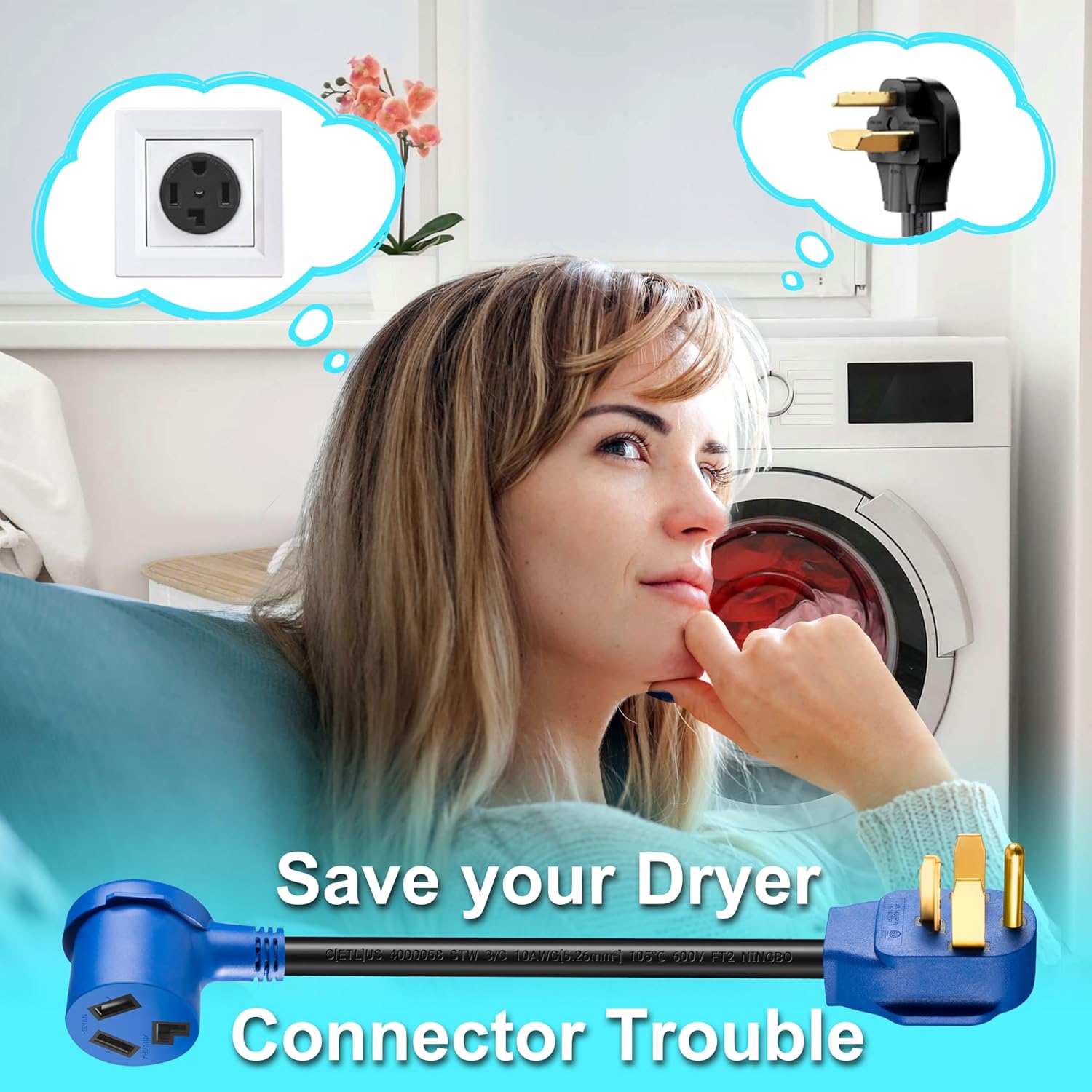 3-Prong to 4-Prong Dryer Adapter 1.5FT - NEMA 14-30P Male to 10-30R Female - 30A 250V 10AWG Adapter for Newer Dryers