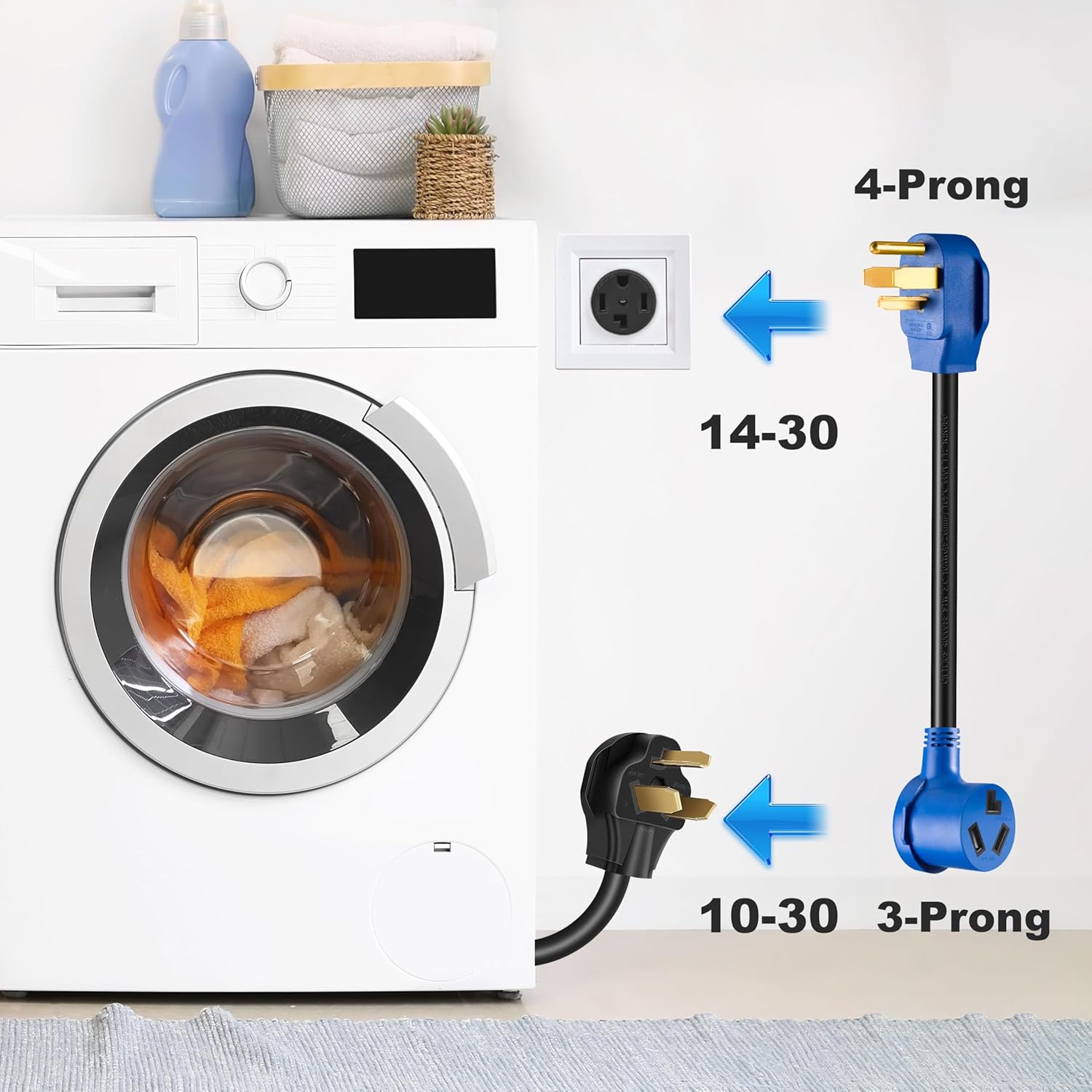 3-Prong to 4-Prong Dryer Adapter 1.5FT - NEMA 14-30P Male to 10-30R Female - 30A 250V 10AWG Adapter for Newer Dryers