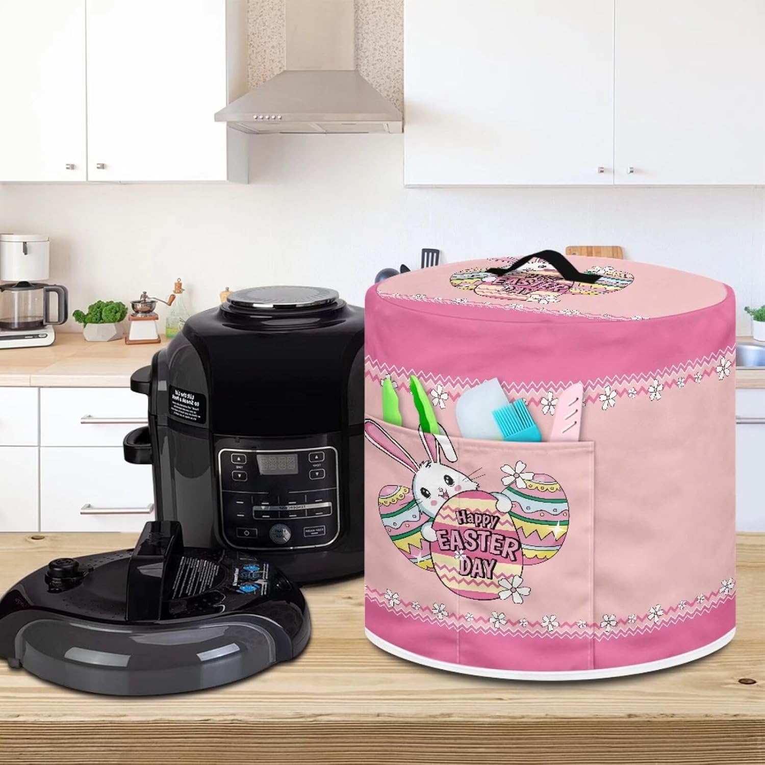 3 Quart Instant Pot & Air Fryer Cover - Happy Easter Day Decor Rabbit Design, Stain Resistant Dust Cover with Pockets for Electric Appliances