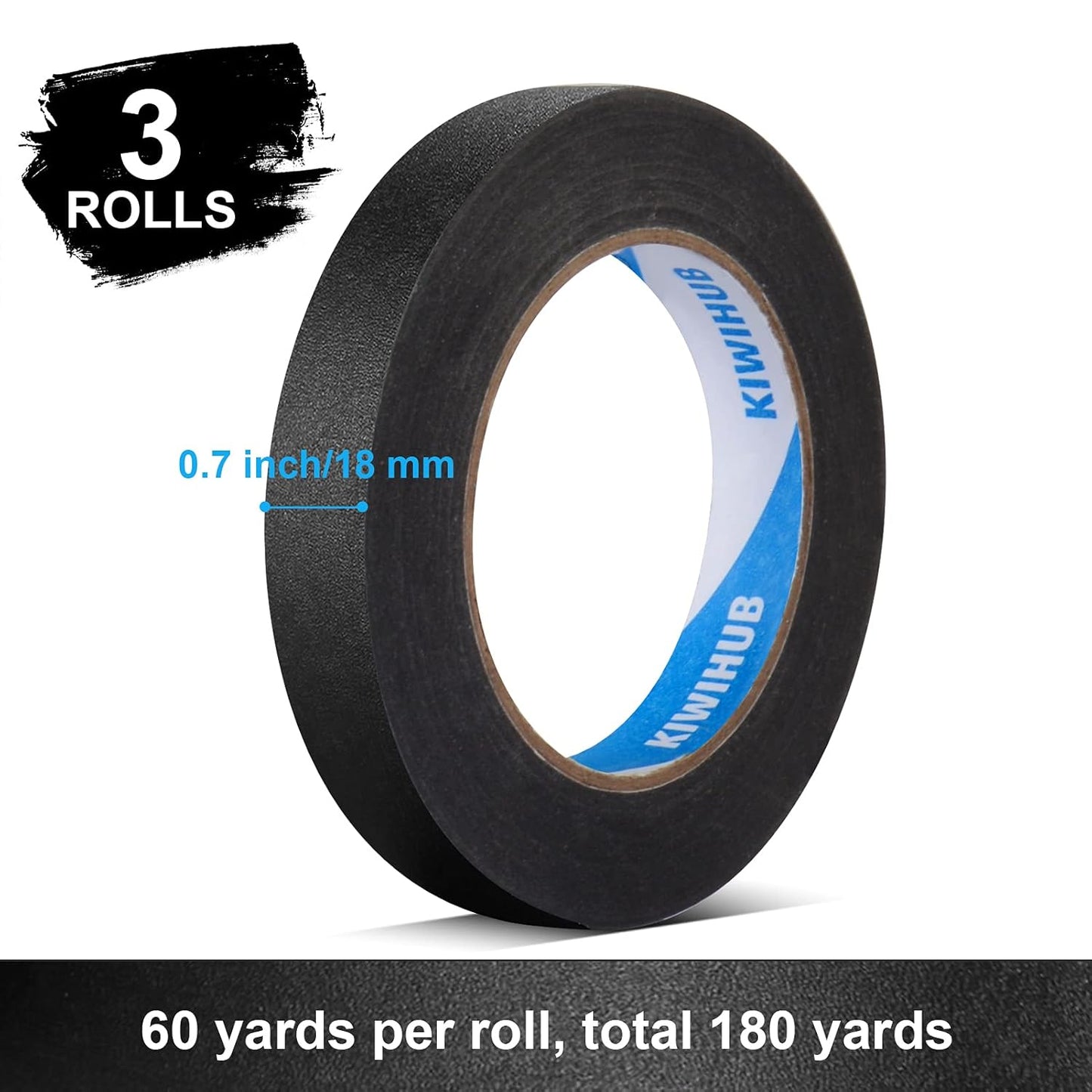 3 Rolls of KIWIHUB Black Painters Tape - 0.7" x 60 Yards per Roll - Medium Adhesive Masking Tape for Painting, Labeling, DIY Crafting, Decoration, and School Projects