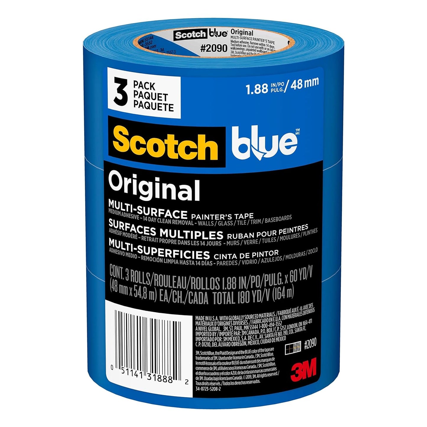 3 Rolls ScotchBlue Original Multi-Surface Painters Tape, 2 Inch Wide - Blue Paint Tape for Indoor & Outdoor Use - Easy Removal Masking Tape