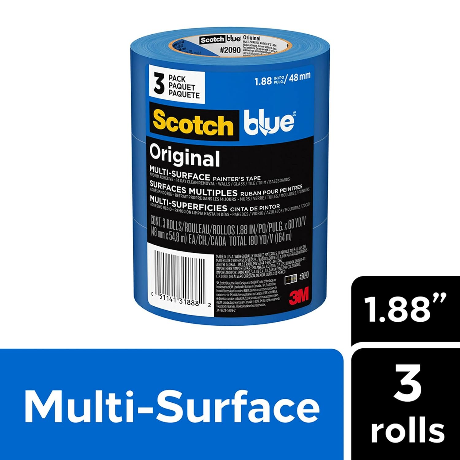 3 Rolls ScotchBlue Original Multi-Surface Painters Tape, 2 Inch Wide - Blue Paint Tape for Indoor & Outdoor Use - Easy Removal Masking Tape