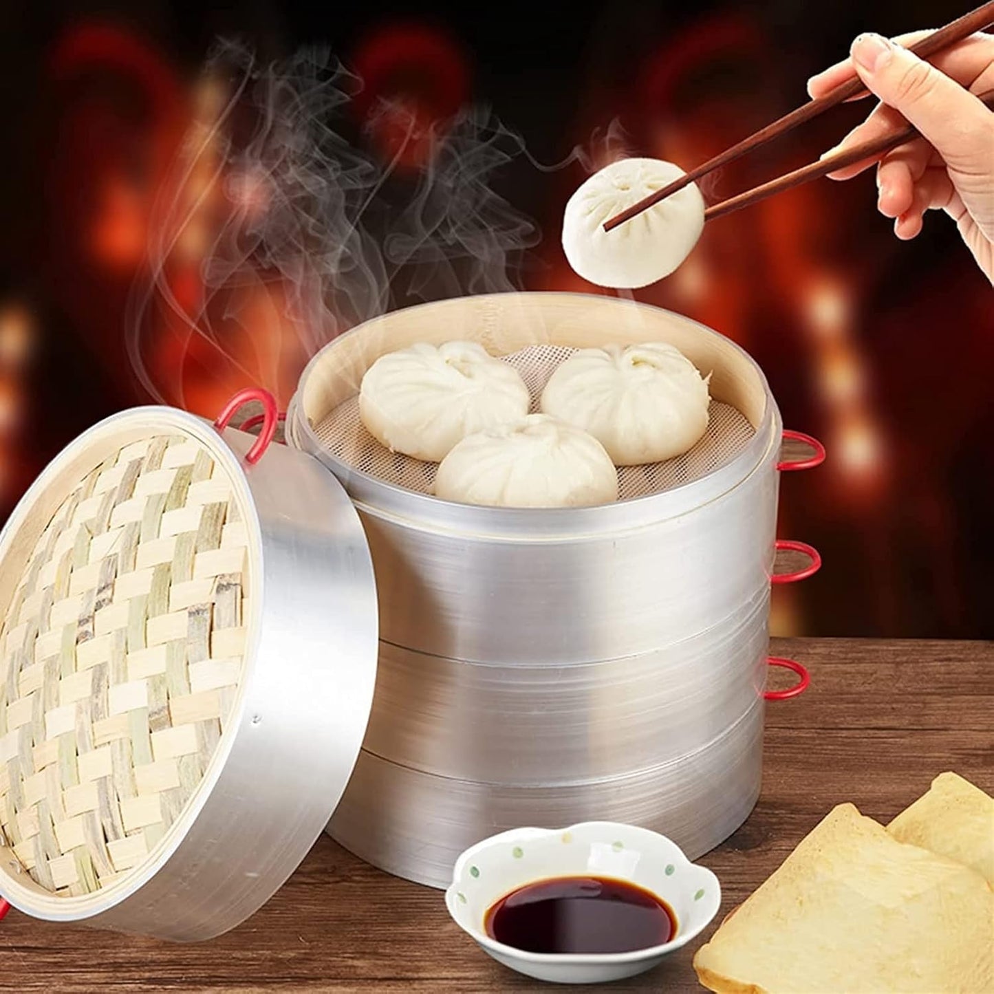 3-Tier Bamboo Steamer Set for Chinese Cooking with Lid - 24CM and 30CM Sizes
