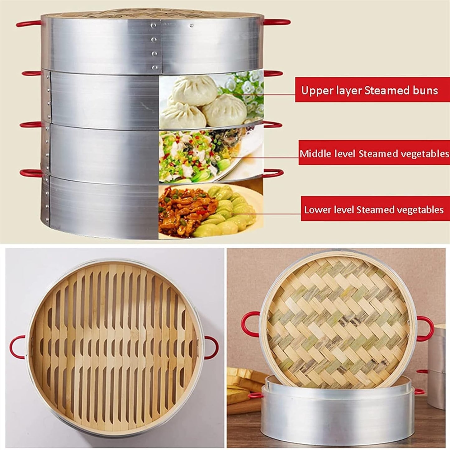 3-Tier Bamboo Steamer Set for Chinese Cooking with Lid - 24CM and 30CM Sizes
