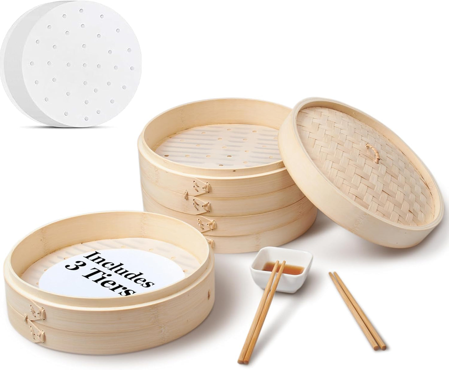 3-Tier Bamboo Steamer Set with Accessories - 10.6 Inch Dumpling Steamer, Oil Liner, Chopsticks, Dish Bowl - Ideal for Rice, Dim Sum, Vegetables, Meats
