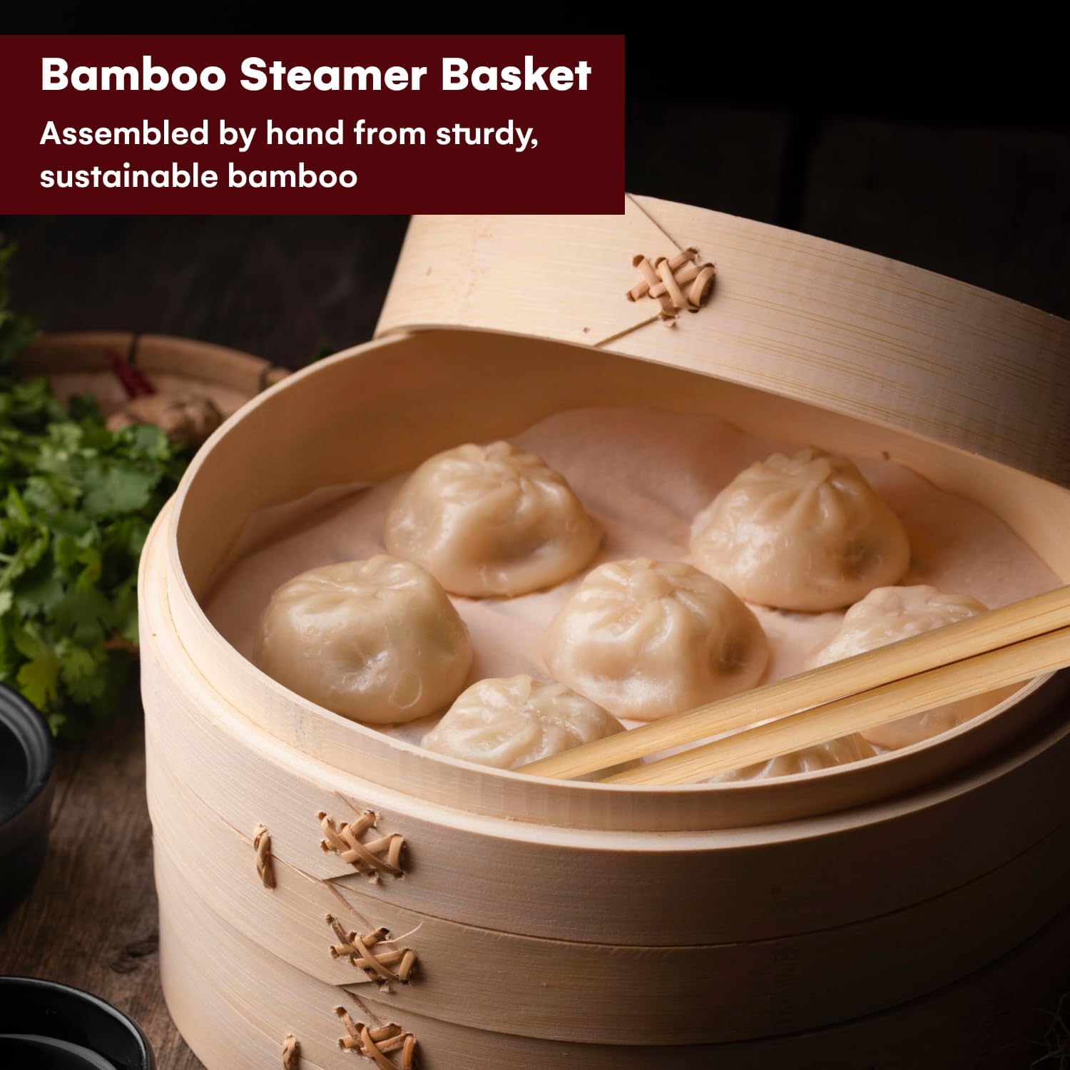 3-Tier Bamboo Steamer Set with Accessories - 10.6 Inch Dumpling Steamer, Oil Liner, Chopsticks, Dish Bowl - Ideal for Rice, Dim Sum, Vegetables, Meats