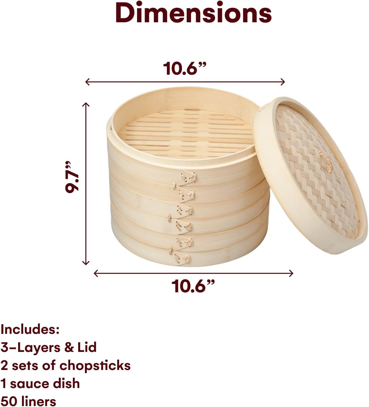 3-Tier Bamboo Steamer Set with Accessories - 10.6 Inch Dumpling Steamer, Oil Liner, Chopsticks, Dish Bowl - Ideal for Rice, Dim Sum, Vegetables, Meats