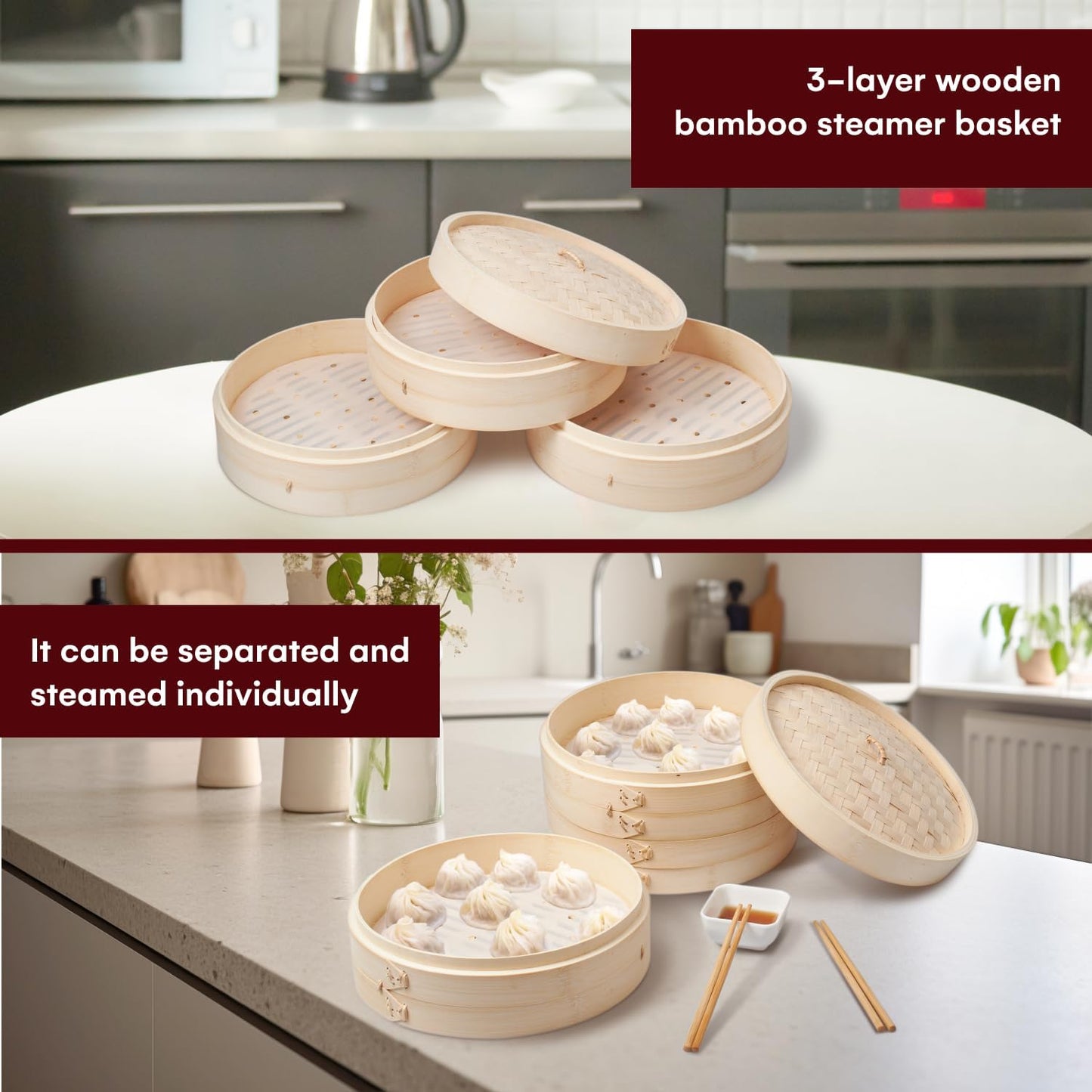 3-Tier Bamboo Steamer Set with Accessories - 10.6 Inch Dumpling Steamer, Oil Liner, Chopsticks, Dish Bowl - Ideal for Rice, Dim Sum, Vegetables, Meats