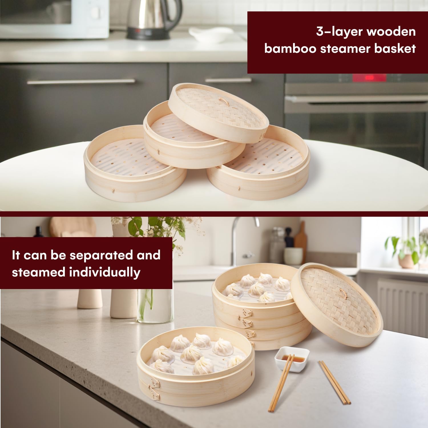 3-Tier Bamboo Steamer Set with Accessories - 10.6 Inch Dumpling Steamer, Oil Liner, Chopsticks, Dish Bowl - Ideal for Rice, Dim Sum, Vegetables, Meats