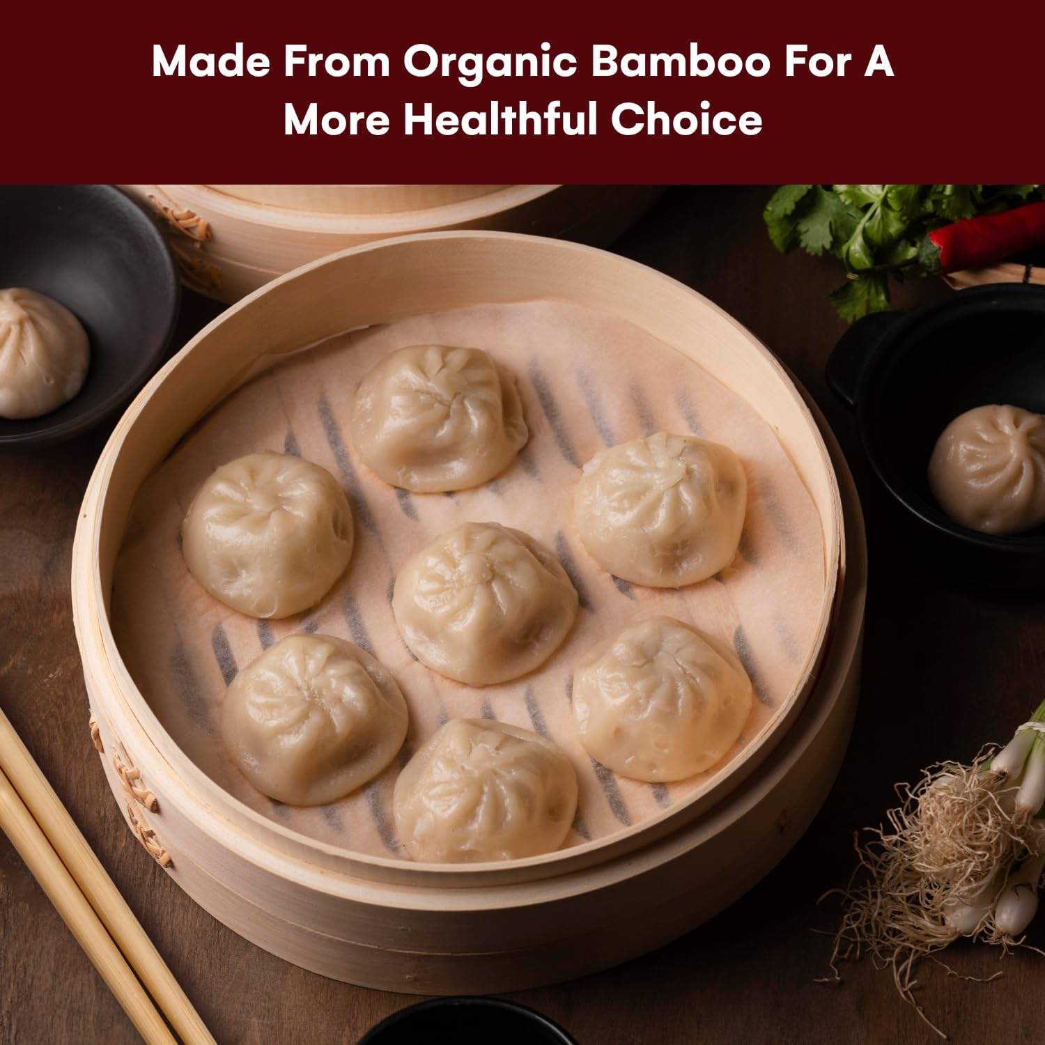 3-Tier Bamboo Steamer Set with Accessories - 10.6 Inch Dumpling Steamer, Oil Liner, Chopsticks, Dish Bowl - Ideal for Rice, Dim Sum, Vegetables, Meats