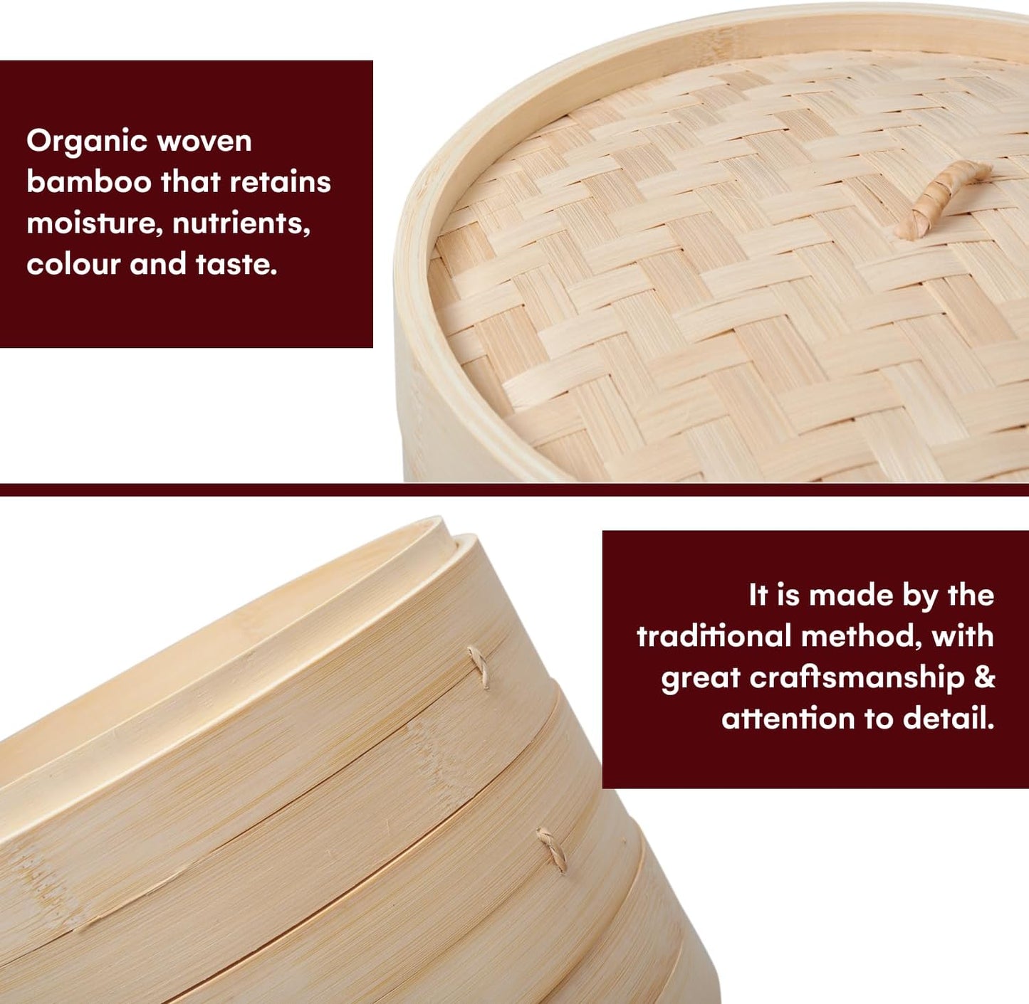 3-Tier Bamboo Steamer Set with Accessories - 10.6 Inch Dumpling Steamer, Oil Liner, Chopsticks, Dish Bowl - Ideal for Rice, Dim Sum, Vegetables, Meats