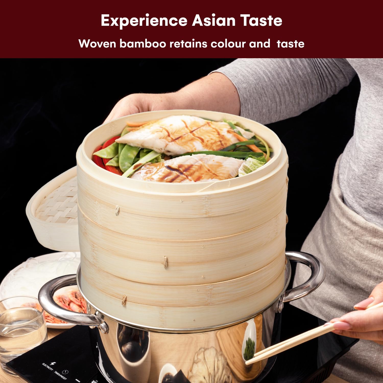 3-Tier Bamboo Steamer Set with Accessories - 10.6 Inch Dumpling Steamer, Oil Liner, Chopsticks, Dish Bowl - Ideal for Rice, Dim Sum, Vegetables, Meats