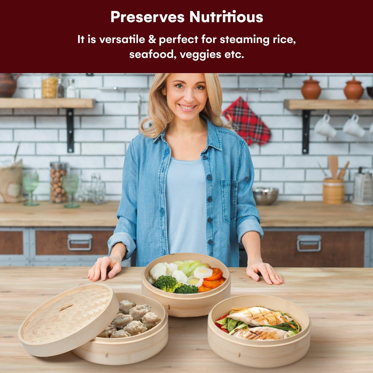 3-Tier Bamboo Steamer Set with Accessories - 10.6 Inch Dumpling Steamer, Oil Liner, Chopsticks, Dish Bowl - Ideal for Rice, Dim Sum, Vegetables, Meats