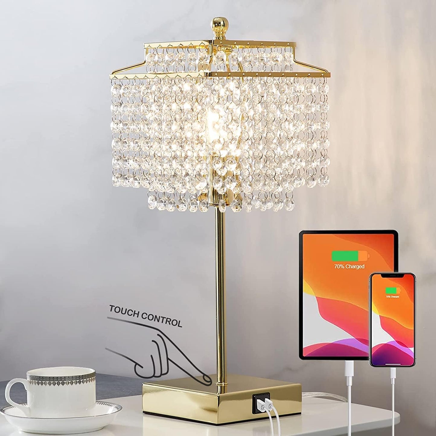 3 Way Dimmable Crystal Touch Table Lamp with USB Ports - Gold Bedside Lamp for Bedroom and Living Room - Includes Bulb