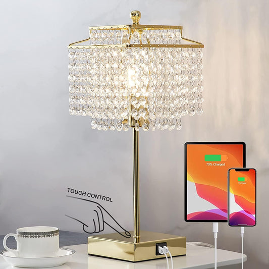 3 Way Dimmable Crystal Touch Table Lamp with USB Ports - Gold Bedside Lamp for Bedroom and Living Room - Includes Bulb