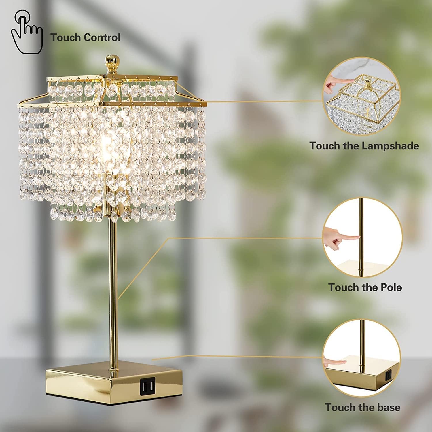 3 Way Dimmable Crystal Touch Table Lamp with USB Ports - Gold Bedside Lamp for Bedroom and Living Room - Includes Bulb