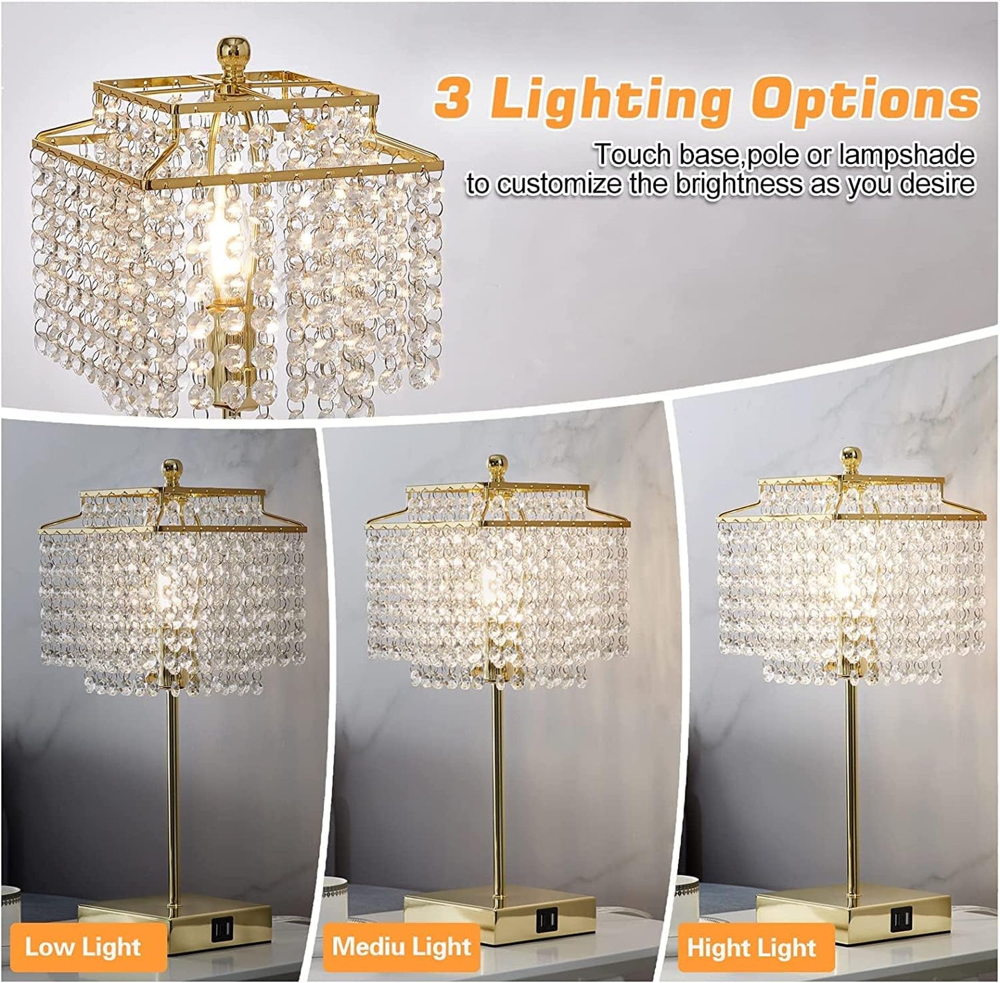 3 Way Dimmable Crystal Touch Table Lamp with USB Ports - Gold Bedside Lamp for Bedroom and Living Room - Includes Bulb