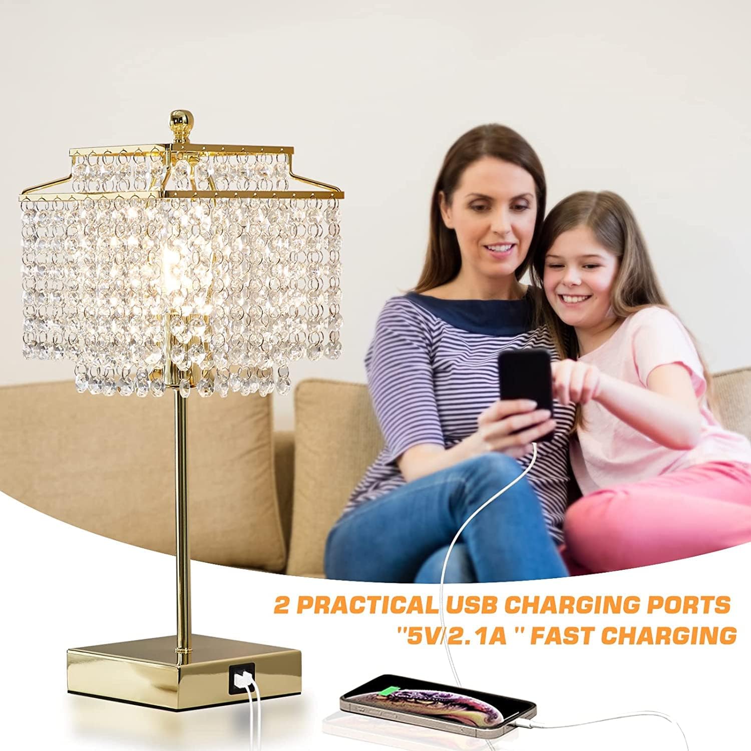 3 Way Dimmable Crystal Touch Table Lamp with USB Ports - Gold Bedside Lamp for Bedroom and Living Room - Includes Bulb