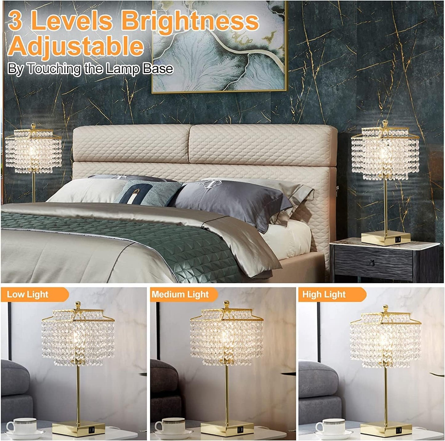 3 Way Dimmable Crystal Touch Table Lamp with USB Ports - Gold Bedside Lamp for Bedroom and Living Room - Includes Bulb