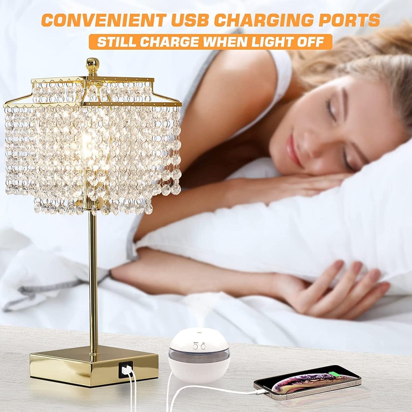 3 Way Dimmable Crystal Touch Table Lamp with USB Ports - Gold Bedside Lamp for Bedroom and Living Room - Includes Bulb