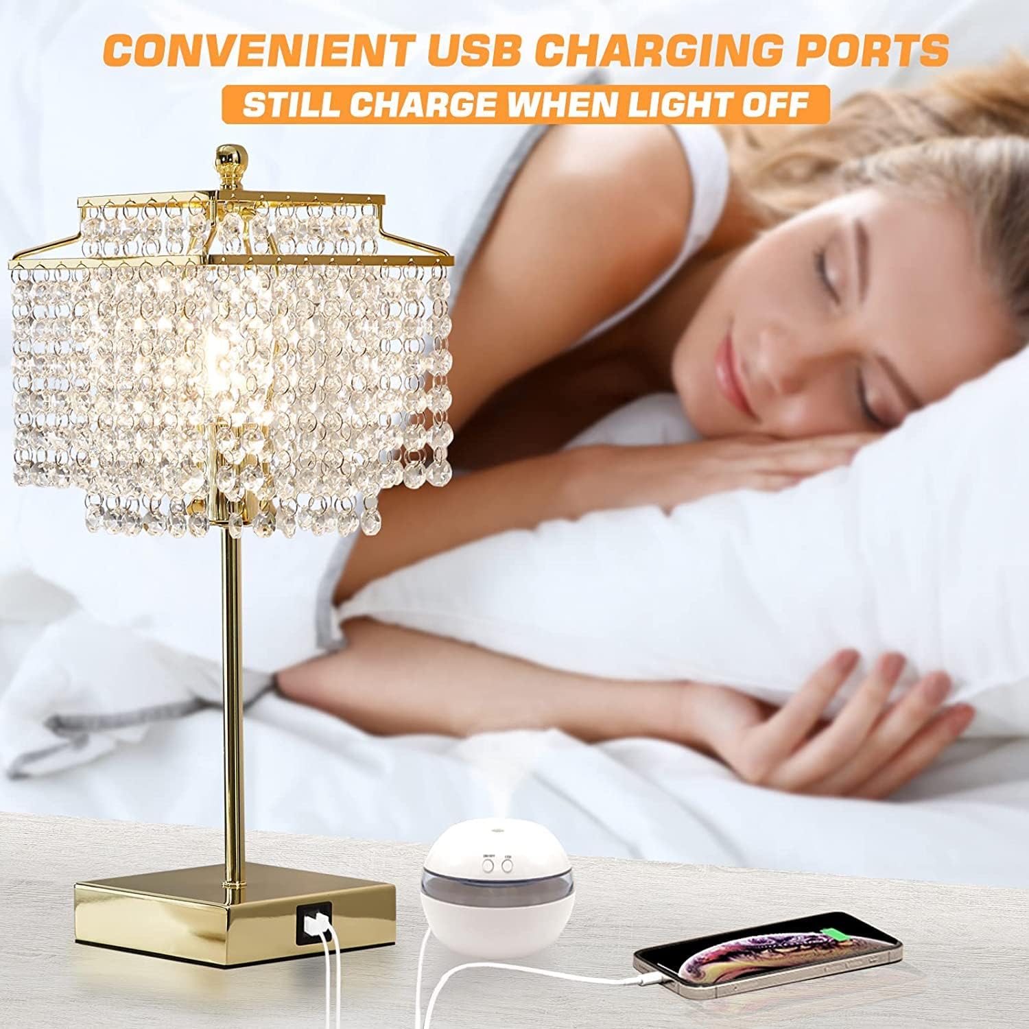 3 Way Dimmable Crystal Touch Table Lamp with USB Ports - Gold Bedside Lamp for Bedroom and Living Room - Includes Bulb