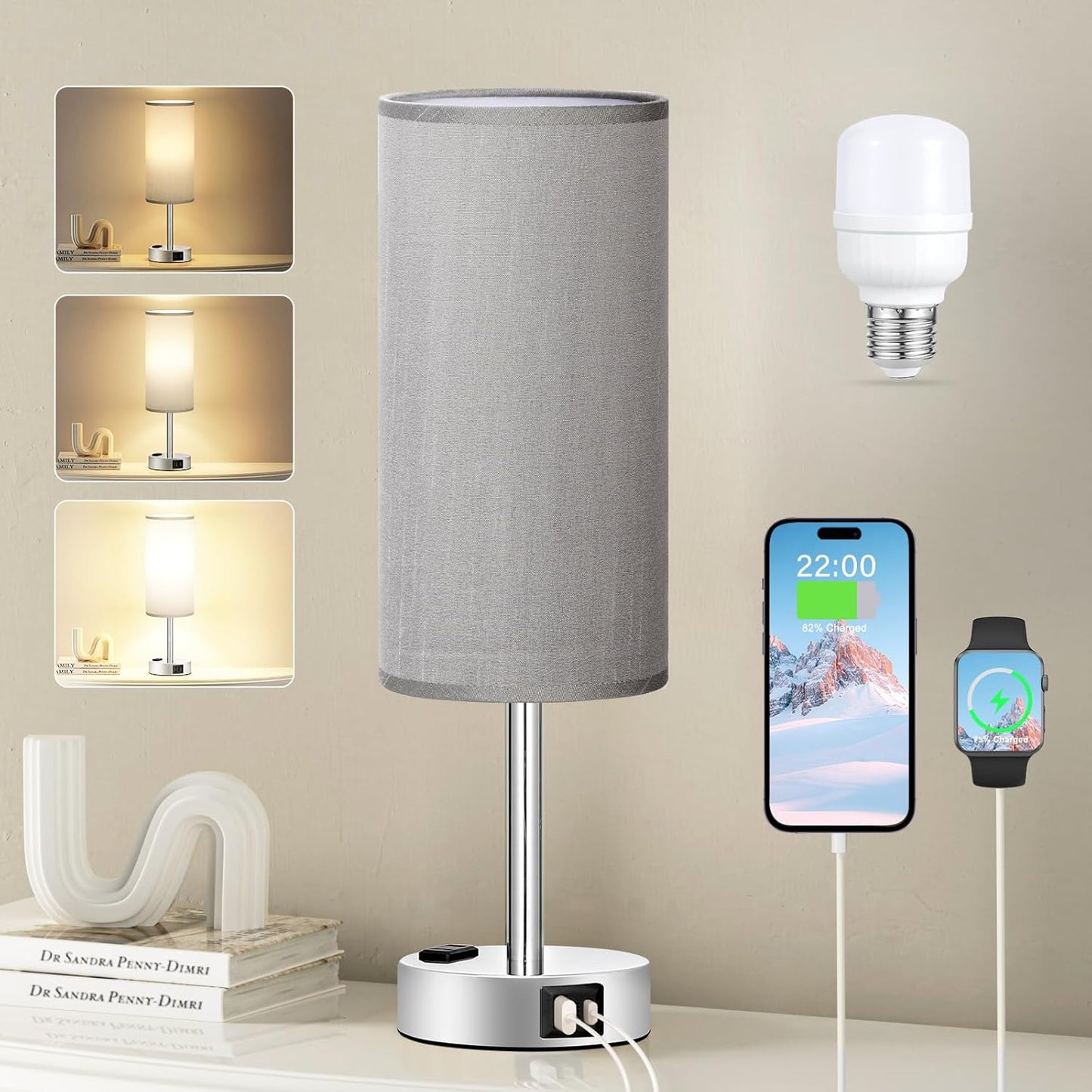 3-Way Dimmable Grey Nightstand Table Lamp with USB Charging Ports and AC Outlet - Small Silver Base Lamp for Bedroom, Living Room, Office Desk - LED Bulb Included