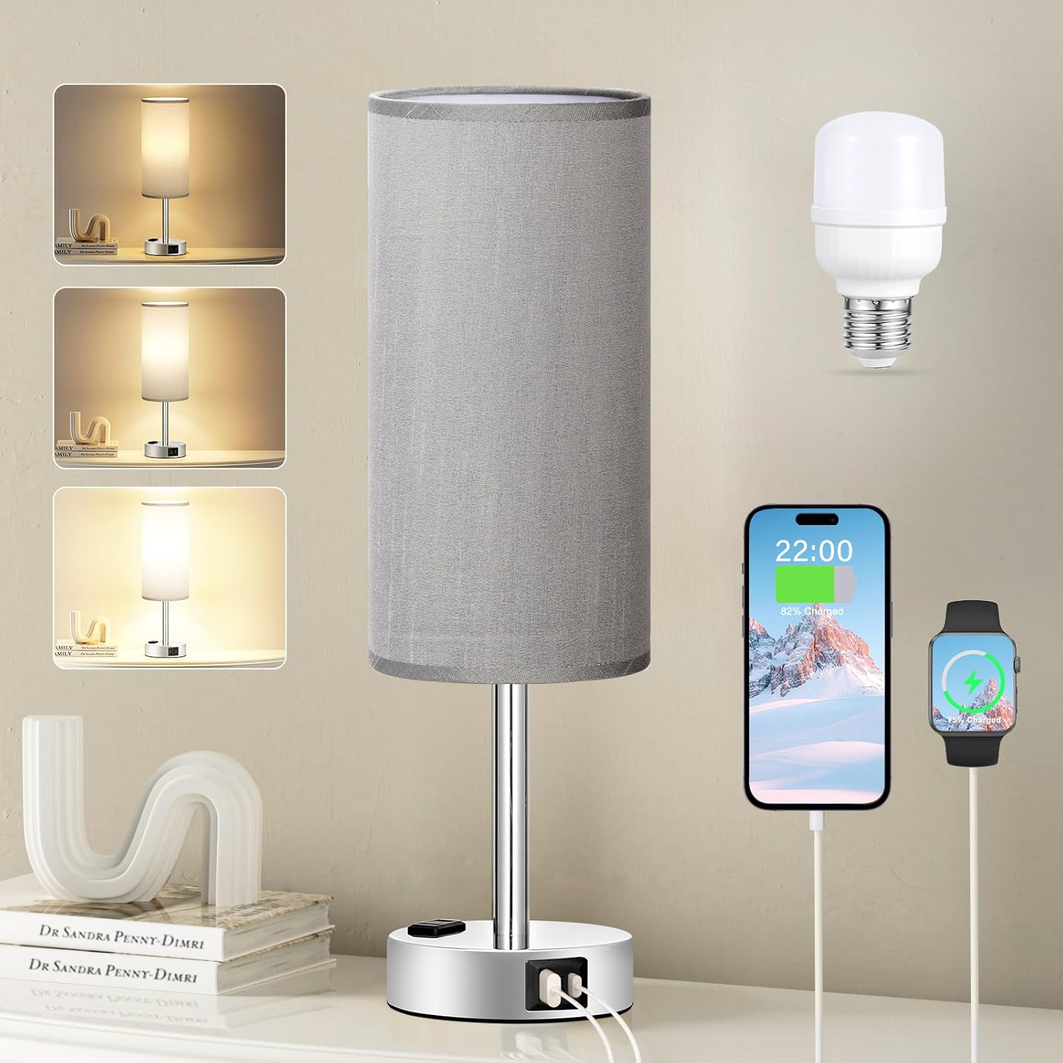 3-Way Dimmable Grey Nightstand Table Lamp with USB Charging Ports and AC Outlet - Small Silver Base Lamp for Bedroom, Living Room, Office Desk - LED Bulb Included