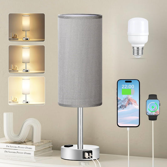 3-Way Dimmable Grey Nightstand Table Lamp with USB Charging Ports and AC Outlet - Small Silver Base Lamp for Bedroom, Living Room, Office Desk - LED Bulb Included